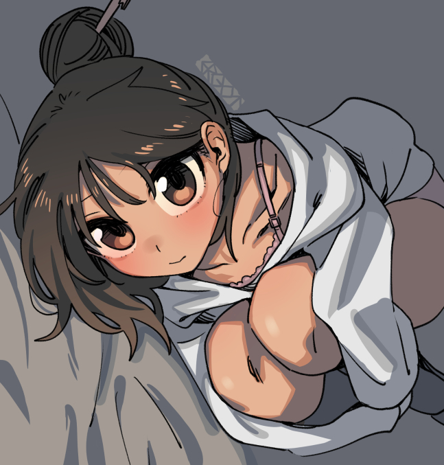 ergot, tina (ergot), original, commentary, 1girl, bra, brown eyes, brown hair, closed mouth, collarbone, feet out of frame, hair bun, hugging own legs, looking at viewer, on bed, panties, pink bra, pink panties, shirt, single hair bun, solo, underwear, white shirt