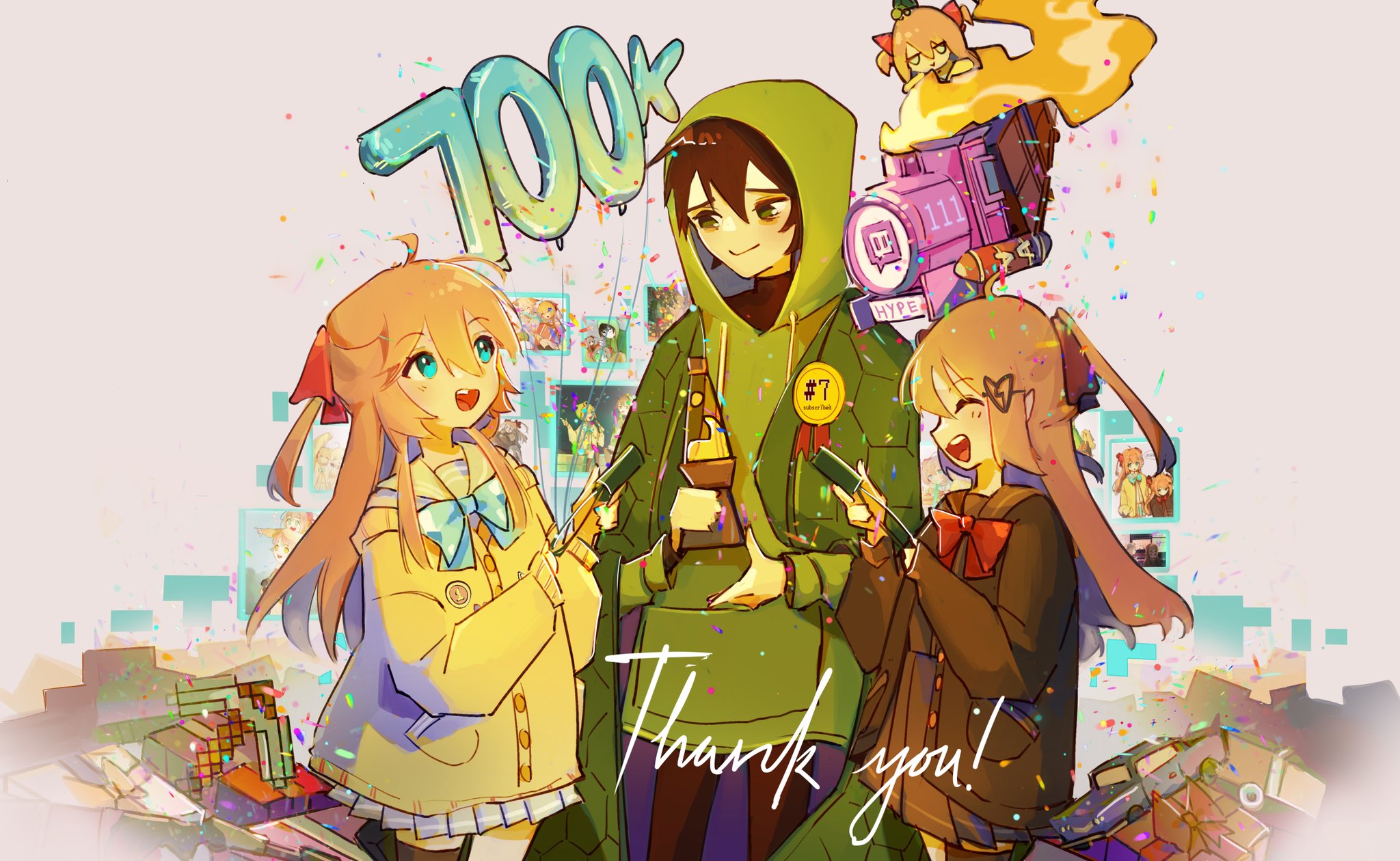 nostyx x, evil neuro-sama, neuro-sama, vedal987, minecraft, twitch.tv, highres, 1boy, 2girls, :>, :d, ahoge, animal, animal on head, asymmetrical legwear, award ribbon, axe, bags under eyes, balloon, black cardigan, black hair, black pants, black sailor collar, black serafuku, black shirt, black skirt, black thighhighs, blue bow, blue bowtie, blue eyes, blue skirt, bow, bowtie, broken heart, broken heart hair ornament, burning, cardigan, character doll, cloak, closed eyes, closed mouth, confetti, cowboy shot, doll, drawstring, floating screen, gift, green cloak, green eyes, green hoodie, grey background, hair ribbon, heart, hexagon print, holding, holding party popper, hood, hood up, hoodie, jitome, lava lamp, light blush, long hair, looking at another, miniskirt, multiple girls, off-shoulder cardigan, on head, open mouth, pants, party popper, pleated skirt, pocket, raised eyebrows, red bow, red bowtie, red ribbon, release celebration, ribbon, sailor collar, school uniform, serafuku, shirt, sidelocks, skirt, smile, standing, teeth, thank you, thighhighs, toy car, train, turtle, turtleneck, two side up, upper teeth only, vedal ai, yellow cardigan