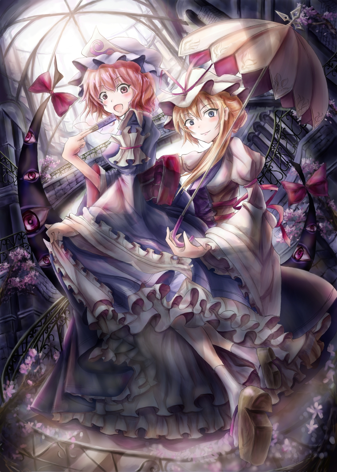 yosuke, saigyouji yuyuko, yakumo yukari, touhou, highres, 2girls, :d, blonde hair, blue eyes, female focus, flying, gap (touhou), hat, long hair, multiple girls, open mouth, pink hair, railing, red eyes, short hair, smile, stairs, umbrella, wide-eyed
