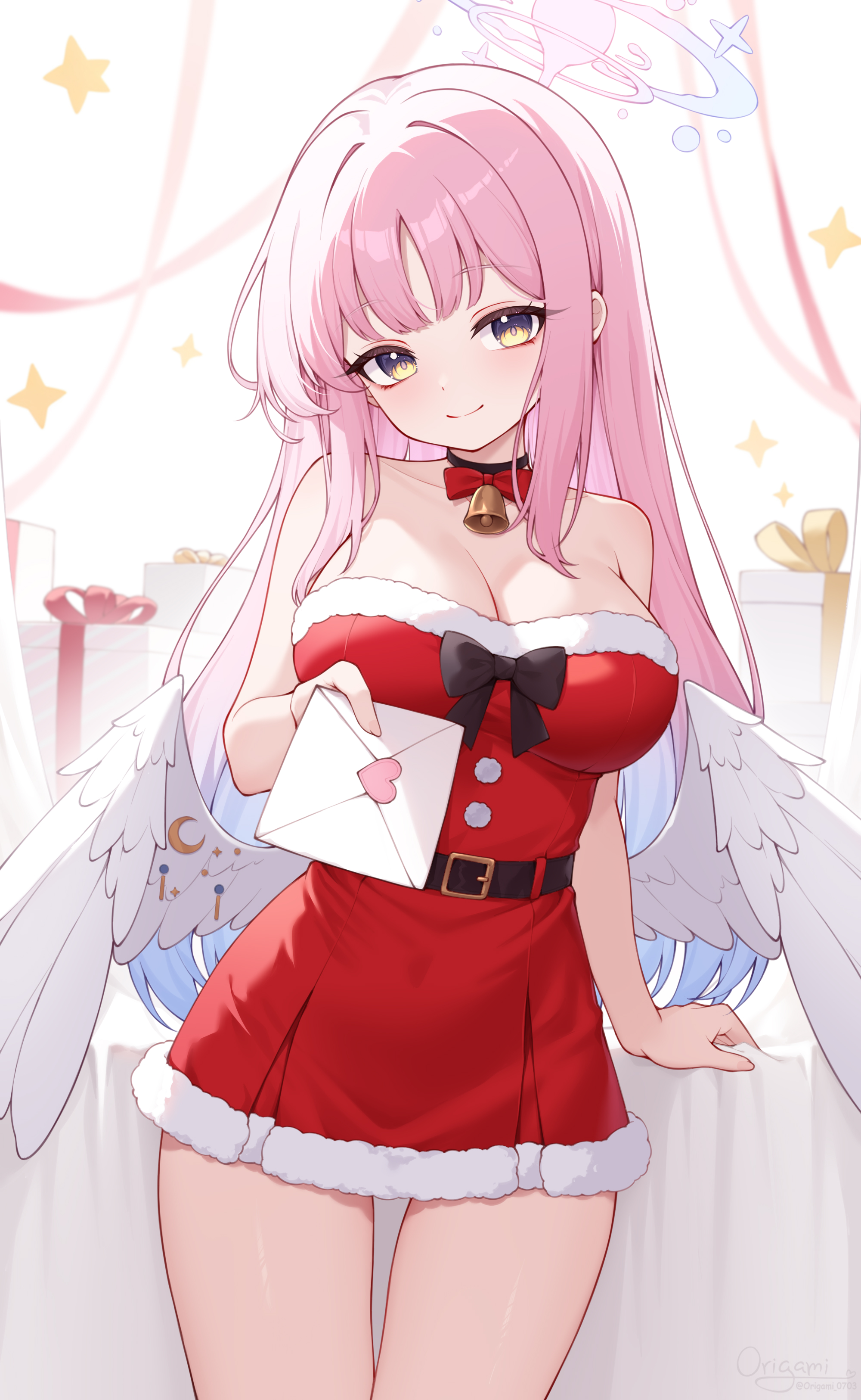 origami (poinia), mika (blue archive), blue archive, absurdres, commentary request, highres, paid reward available, 1girl, angel wings, bare shoulders, bell, belt, black belt, black bow, black choker, blue hair, bow, box, breasts, choker, christmas, cleavage, closed mouth, collarbone, crescent, dress, dress bow, envelope, feathered wings, fur-trimmed dress, fur trim, gift, gift box, giving, gradient hair, halo, head tilt, holding, holding envelope, large breasts, long hair, looking at viewer, low wings, multicolored hair, neck bell, off-shoulder dress, off shoulder, pink hair, pink halo, pom pom (clothes), red dress, ribbon, santa costume, santa dress, short dress, sidelocks, sleeveless, sleeveless dress, smile, solo, standing, star (symbol), thighs, very long hair, white background, wing ornament, wings, yellow eyes