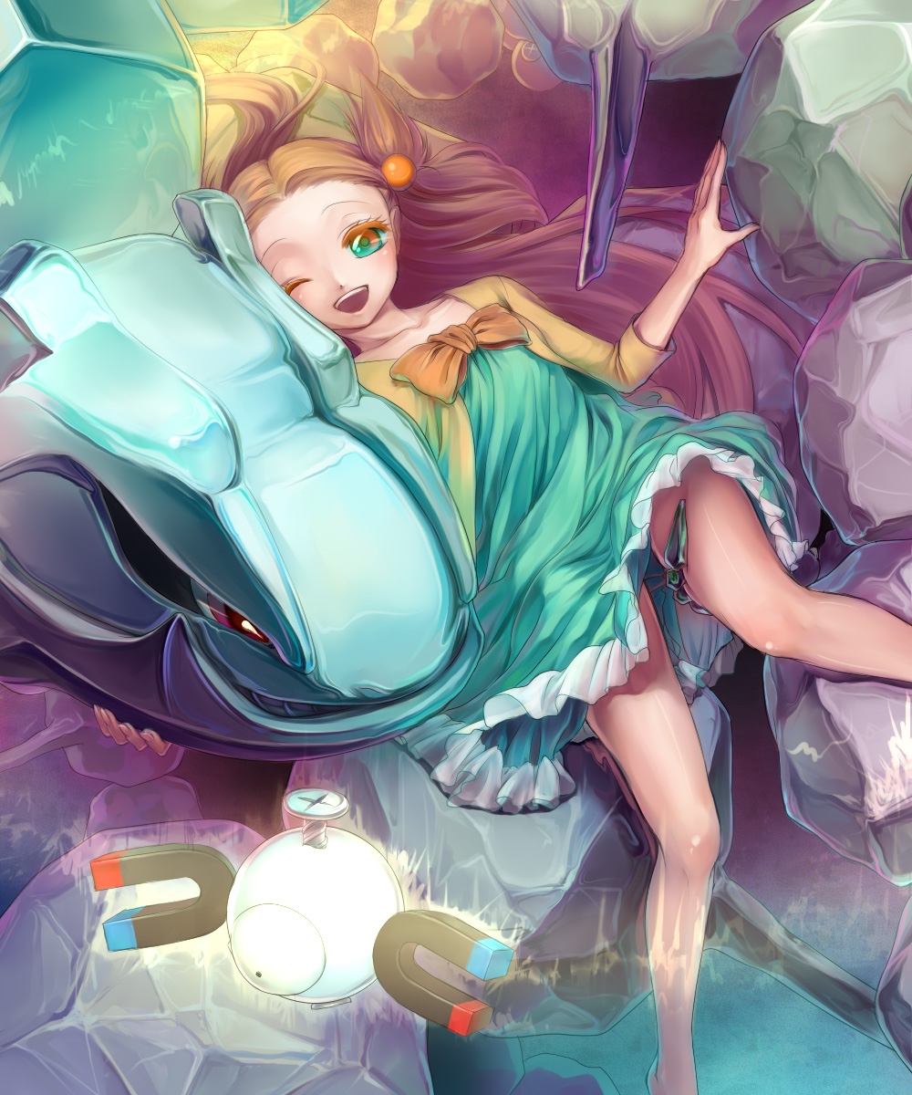 minami (apricot tea), jasmine (pokemon), magnemite, steelix, nintendo, pokemon, pokemon hgss, bad id, bad pixiv id, highres, 00s, 1girl, aqua eyes, bare legs, barefoot, bow, dress, gen 1 pokemon, gen 2 pokemon, gym leader, legs, one eye closed, open mouth, pokemon (creature), smile, wink