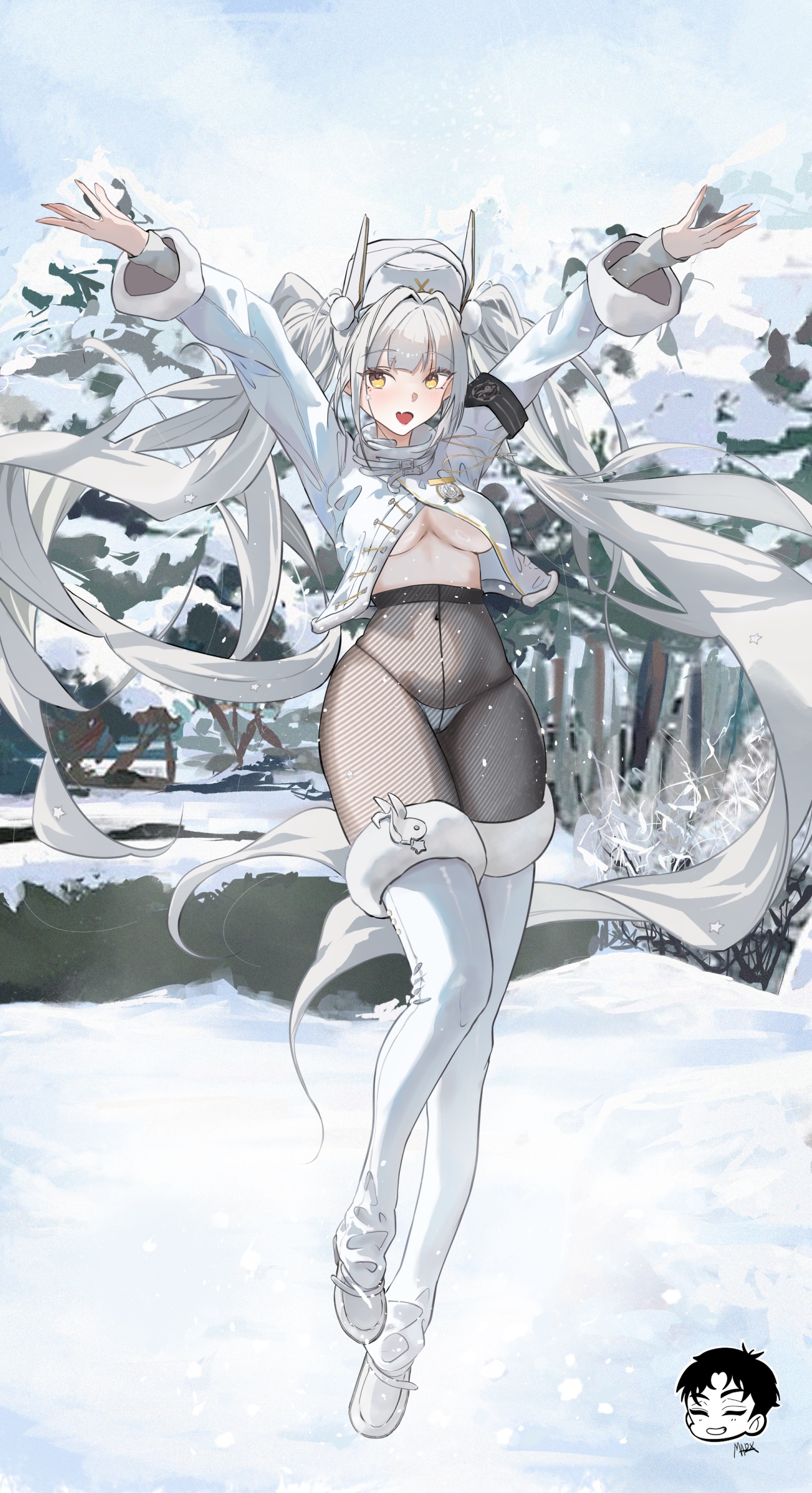 danny marx, blanc (fortune express) (nikke), blanc (nikke), goddess of victory: nikke, absurdres, highres, 1girl, armband, black armband, boots, breasts, coat, fang, full body, fur-trimmed boots, fur trim, high-waist pantyhose, medium breasts, no bra, no pants, official alternate costume, official alternate hairstyle, outdoors, panties, panties under pantyhose, pantyhose, see-through pantyhose, skin fang, sky, snow, solo, twintails, underboob, underwear, white boots, white hair, winter, winter clothes, winter coat, yellow eyes