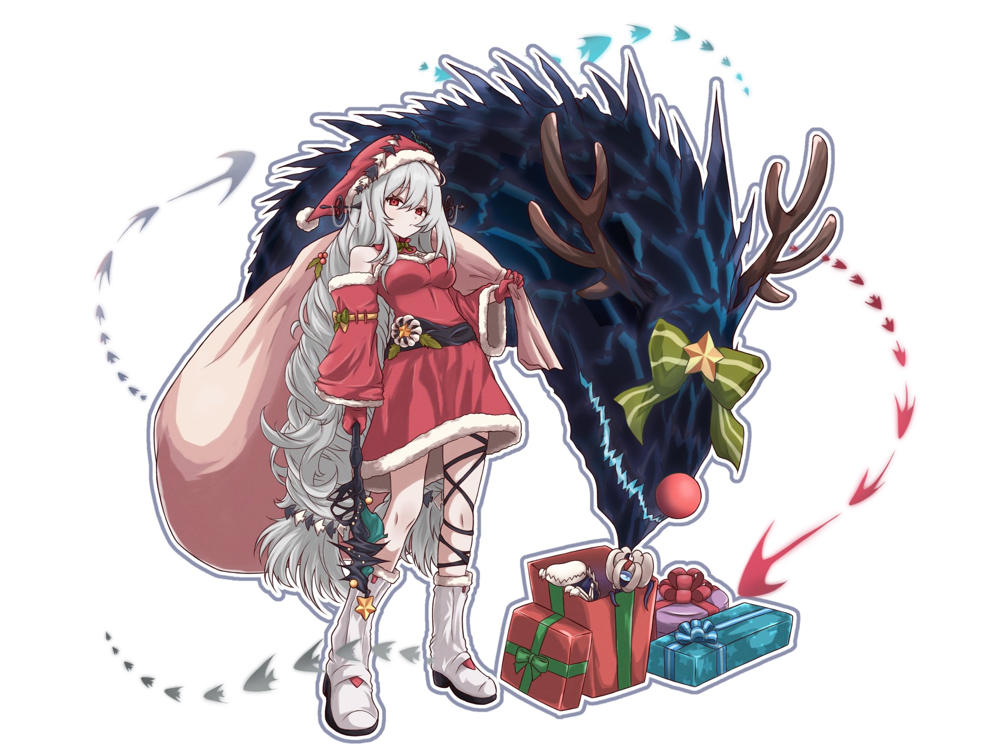 haruuuu1185 (kubaharu), seaborn (arknights), skadi (arknights), skadi the corrupting heart (arknights), arknights, highres, 1girl, antlers, boots, bow, christmas stocking, grey hair, hat, horns, long hair, monster, red eyes, santa hat, very long hair