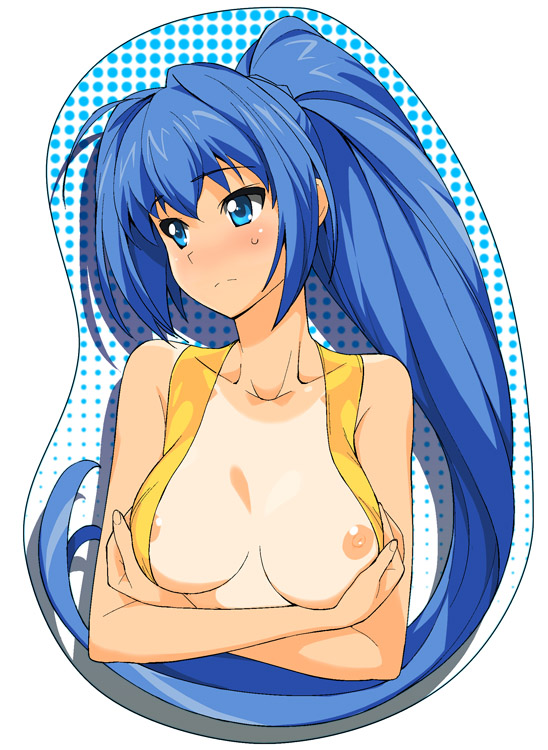 a1 (initial-g), hayase mitsuki, kimi ga nozomu eien, 00s, 1girl, bare shoulders, blue eyes, blue hair, breast mousepad, breasts, female focus, long hair, matching hair/eyes, mousepad (medium), nipple slip, nipples, one-piece tan, ponytail, solo, sweatdrop, tan, tanline