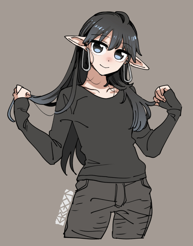 ergot, original, 1boy, artist name, black hair, black pants, black shirt, blue eyes, blue hair, bremen (ergot), closed mouth, cowboy shot, earrings, hoop earrings, jewelry, long hair, long sleeves, looking at viewer, pants, pointy ears, shirt, simple background, sleeves past wrists, smile, solo, standing, trap