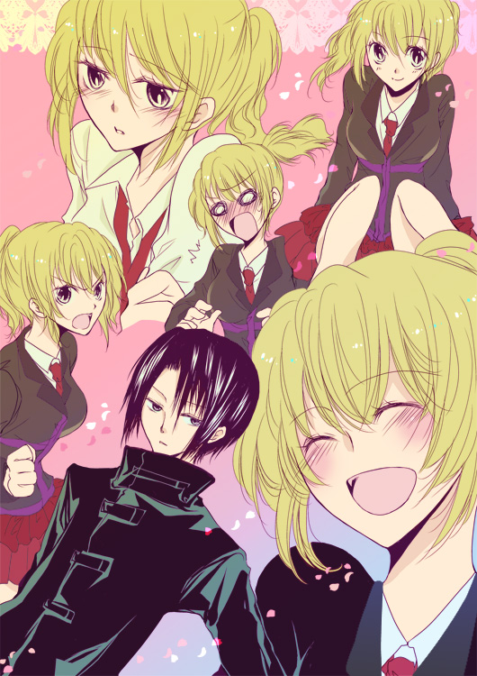 mamimi, kanon (umineko), ushiromiya jessica, umineko no naku koro ni, bad id, bad pixiv id, 00s, black hair, blonde hair, blush, necktie, ponytail, skirt, smile