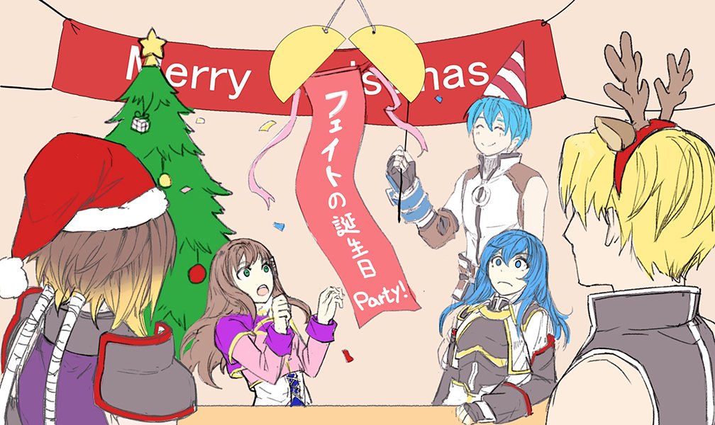 azhi kurage, albel nox, cliff fittir, fayt leingod, maria traydor, sophia esteed, star ocean, star ocean: till the end of time, blue hair, brown hair, christmas, christmas tree, closed mouth, fake antlers, fingerless gloves, gloves, green eyes, hat, long hair, merry christmas, multiple boys, multiple girls, open mouth, santa hat, smile