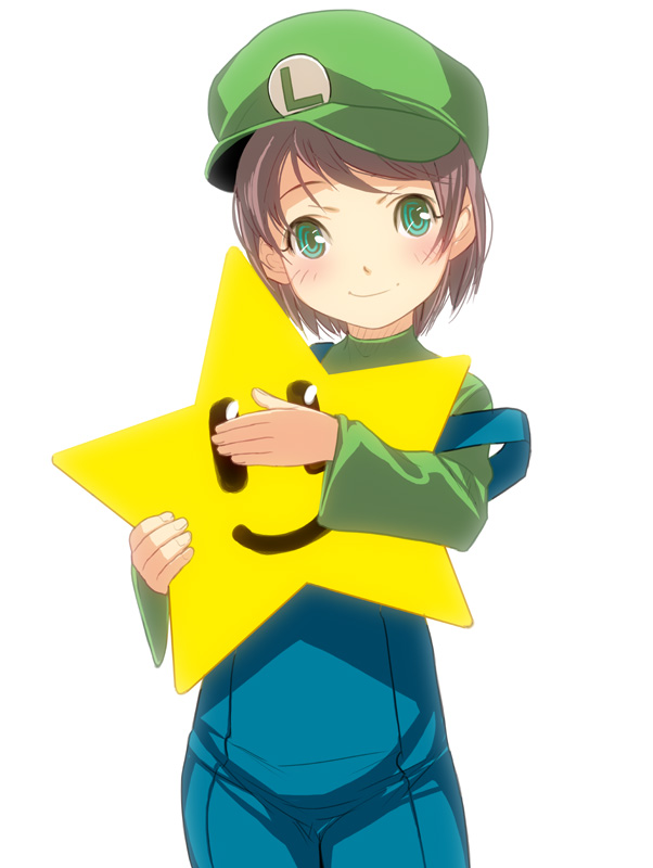 kouno (masao), luigi, super star, super star (mario), mario (series), nintendo, costume, bad id, bad pixiv id, 1girl, aged down, brown hair, female focus, genderswap, genderswap (mtf), green eyes, hat, solo, star (symbol), | |