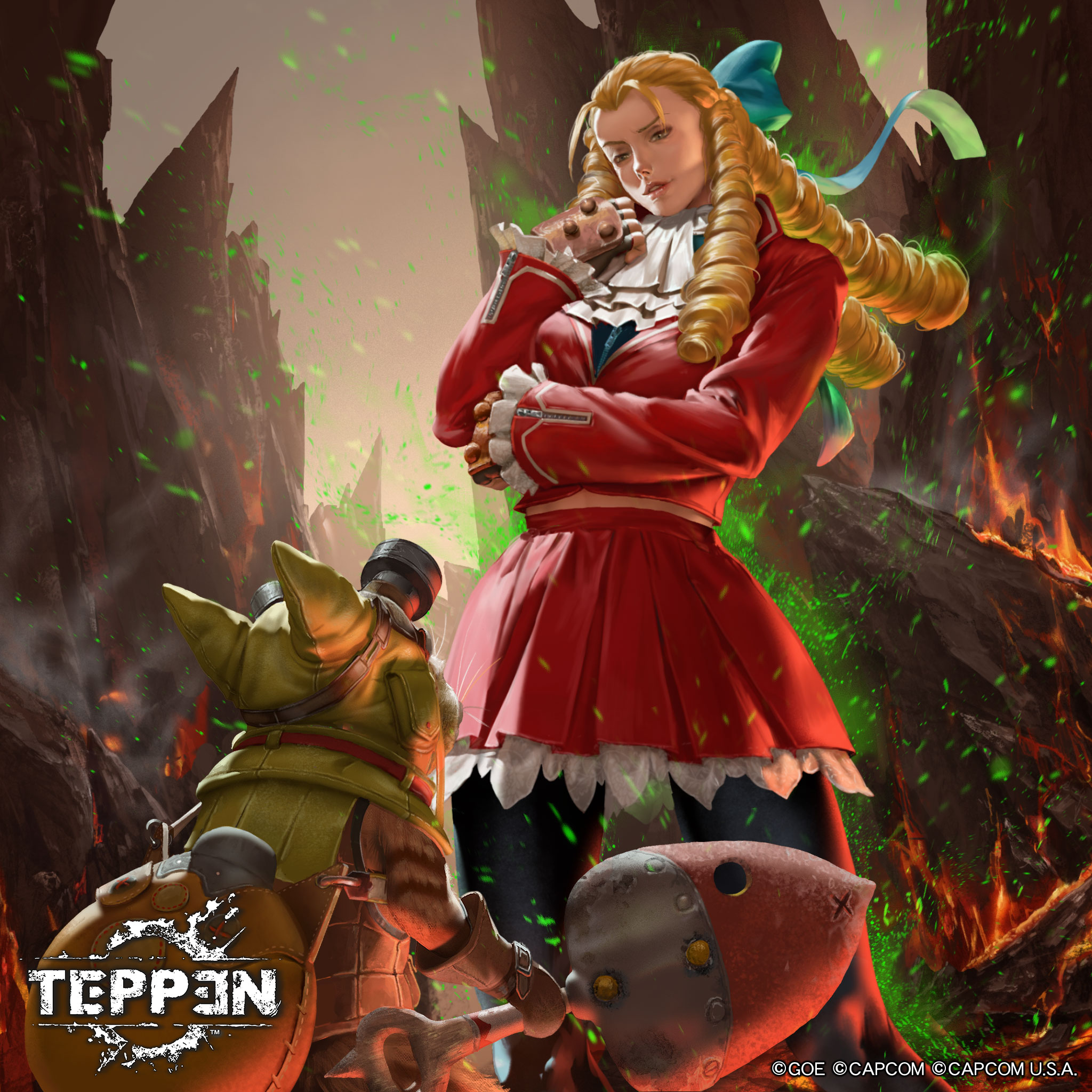 yu cheng hong, capcom, monster hunter (series), teppen, character request, highres, official art, 1girl, 1other, arm at side, arm under breasts, ascot, black gloves, black pantyhose, blonde hair, blue bow, bow, breasts, brown bag, brown eyes, brown gloves, brown vest, cat, copyright logo, copyright name, copyright notice, cropped jacket, dress, feet out of frame, fingerless gloves, fire, floating clothes, floating hair, frilled sleeves, frills, from behind, gloves, goggles, goggles on headwear, green aura, hair bow, hand up, holding, holding shovel, jacket, lava, light particles, lips, logo, long hair, long sleeves, looking at another, medium breasts, nose, outdoors, pantyhose, parted lips, red jacket, ringlets, short dress, shovel, size difference, sky, smile, smoke, standing, vest, white ascot, wrist belt, zipper