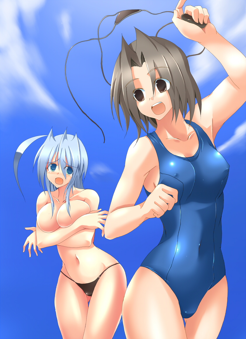 ment, original, silver hair, 2girls, ahoge, aqua eyes, bikini, blush, breasts, brown eyes, brown hair, covered erect nipples, day, large breasts, medium breasts, multiple girls, short hair, swimsuit