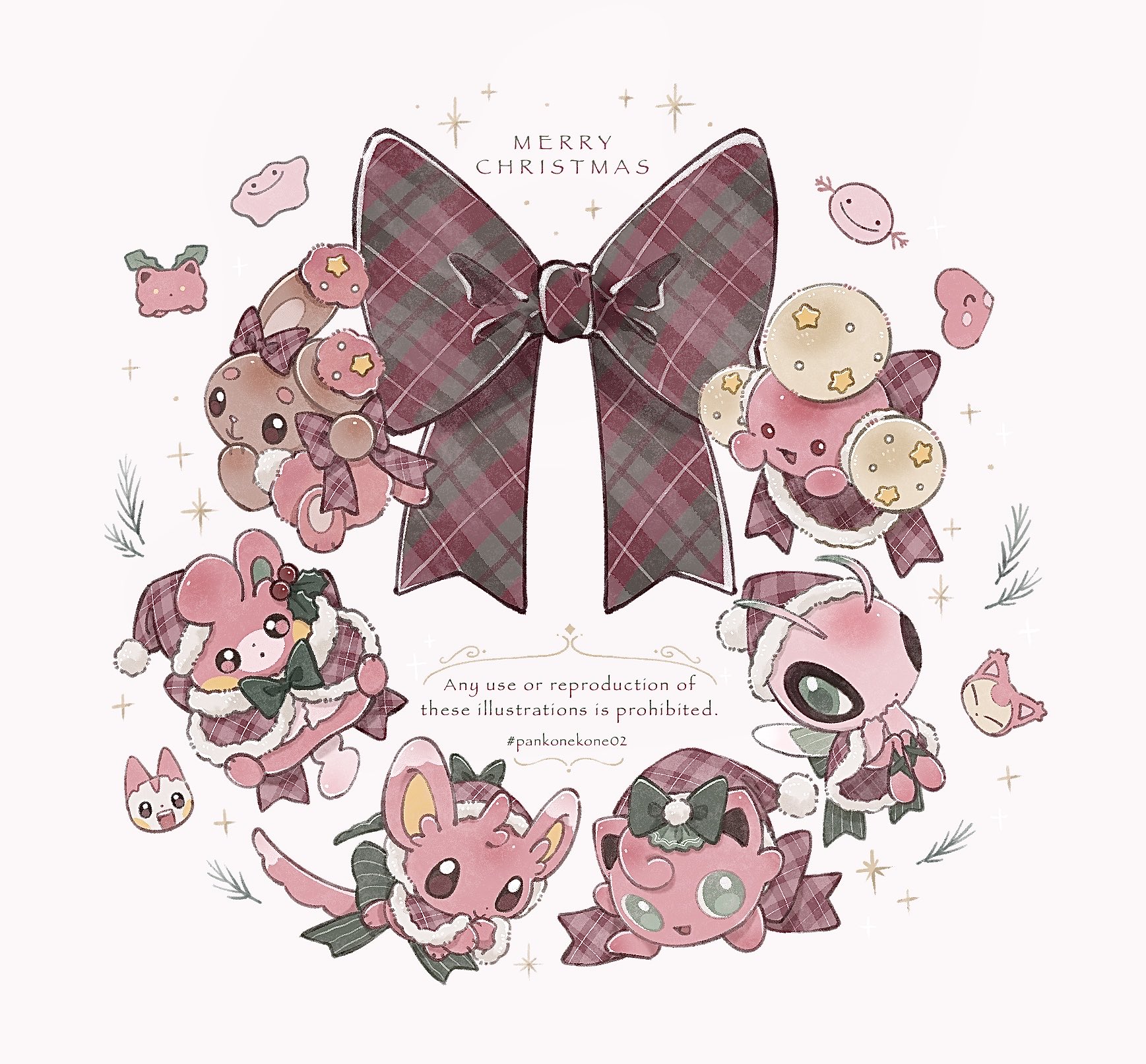 pankonekone02, buneary, celebi, ditto, hoppip, jigglypuff, jumpluff, luvdisc, minccino, pachirisu, pawmi, skitty, wooper, nintendo, pokemon, commentary, highres, alternate color, bow, brown eyes, full body, gen 1 pokemon, gen 2 pokemon, gen 3 pokemon, gen 4 pokemon, gen 5 pokemon, green eyes, legendary pokemon, merry christmas, mythical pokemon, no humans, plaid bow, pokemon (creature), red eyes, shiny pokemon, simple background, white background