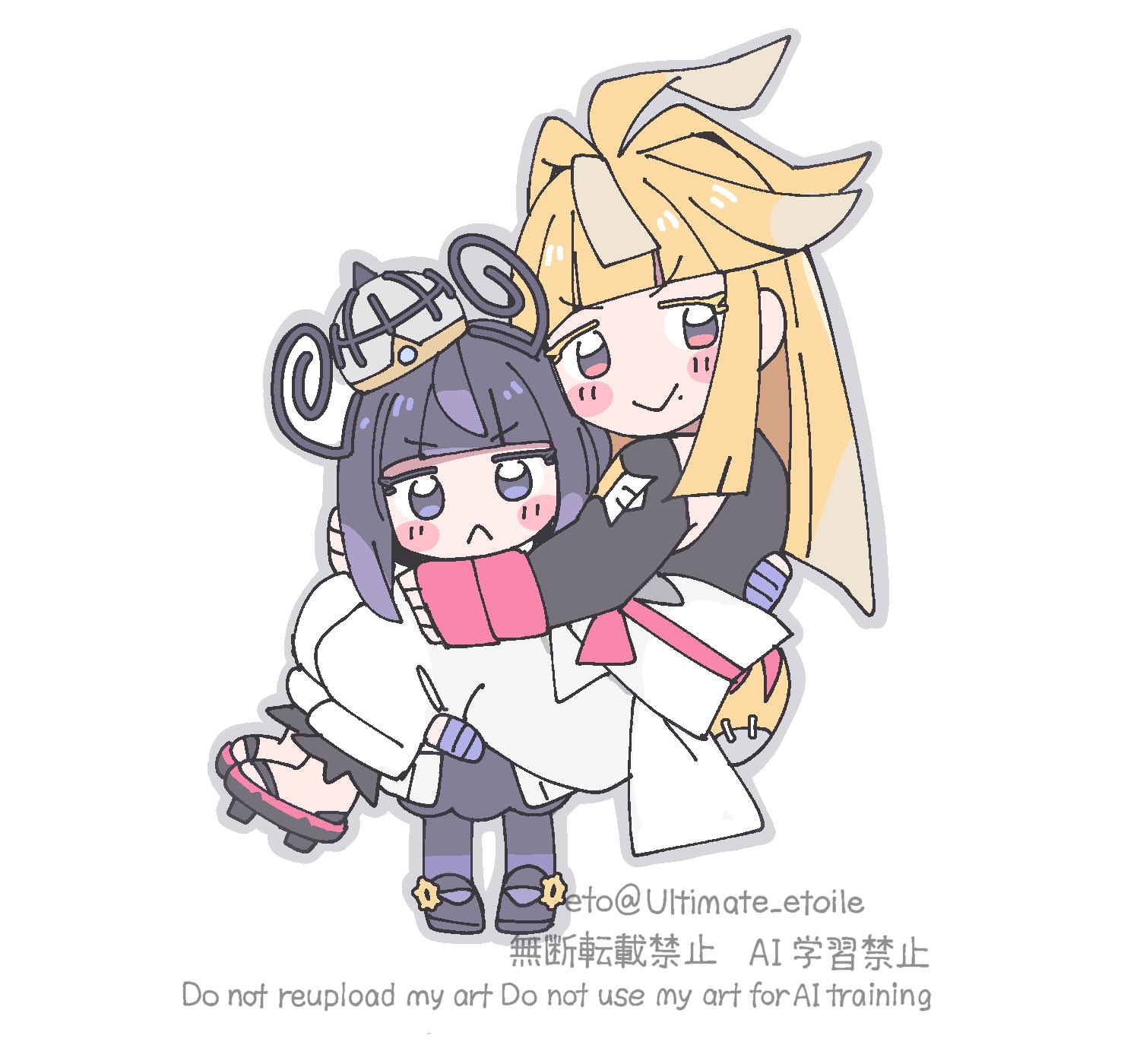 remoooon, gwynn (pokemon), ivor (pokemon), nintendo, pokemon, pokemon legends: z-a, highres, 1boy, 1girl, :<, artist name, black shirt, black shoes, blonde hair, blunt bangs, blush stickers, bob cut, brother and sister, closed mouth, full body, gloves, hat, long hair, looking at viewer, mole, mole under mouth, pants, pantyhose, partially fingerless gloves, purple eyes, purple hair, purple pantyhose, reverse princess carry, sandals, shirt, shoes, short hair, siblings, smile, twitter username, white background, white pants