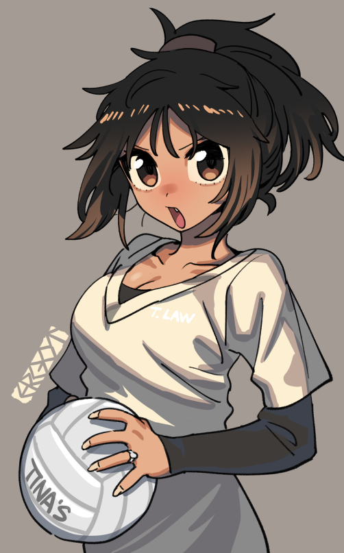 ergot, tina (ergot), original, commentary, artist name, ball, black shirt, breasts, brown eyes, brown hair, cleavage, collarbone, fingernails, holding, holding ball, jewelry, looking at viewer, medium breasts, messy hair, open mouth, ponytail, ring, sharp fingernails, shirt, simple background, standing, upper body, wedding ring, white shirt