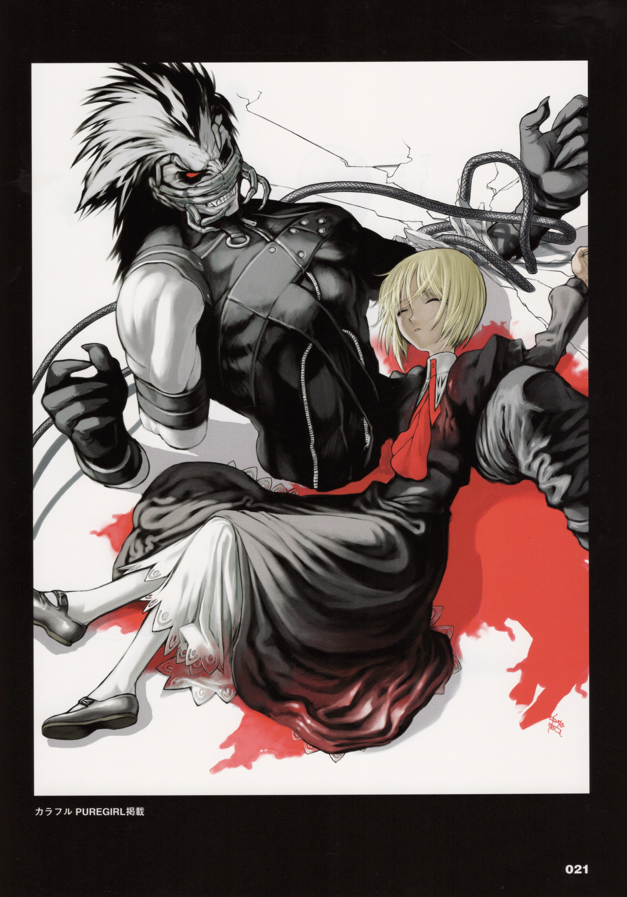 chuuou higashiguchi, moura, vjedogonia, nitroplus, vampirdzhija vjedogonia, absurdres, highres, non-web source, official art, promotional art, scan, 1girl, black boots, black dress, black hair, blonde hair, boots, claws, dress, kneehighs, red scarf, resting, scarf, socks