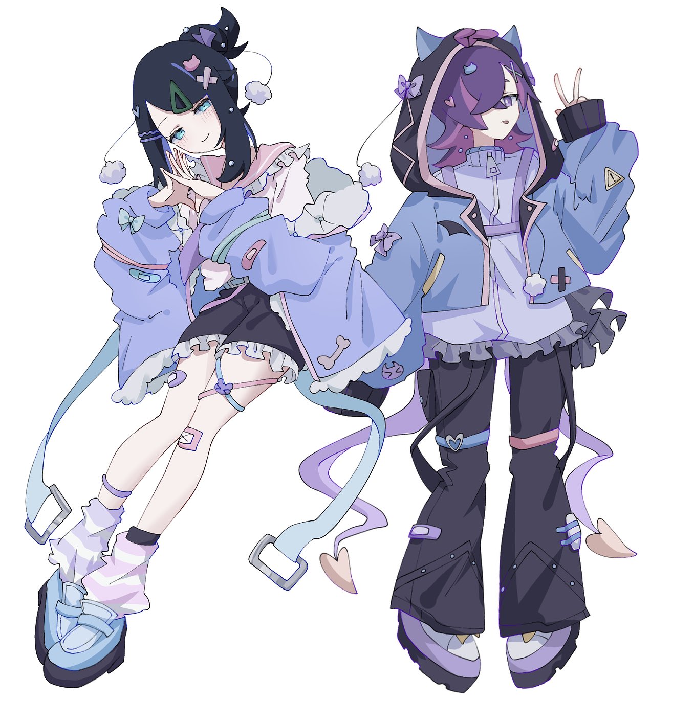 seiun (hoshigumo 72), dot (pokemon), liko (pokemon), nintendo, pokemon, pokemon (anime), pokemon horizons, highres, 2girls, black hair, blue eyes, blue hair, blush, closed mouth, cowlick, eyelashes, fur jacket, hair bun, hair ornament, hair over one eye, hairclip, heart, heart hands, hood, hooded jacket, horns, jacket, long hair, long sleeves, looking at viewer, multicolored hair, multiple girls, open clothes, pants, pink hair, purple eyes, purple hair, shirt, sleeves past fingers, sleeves past wrists, smile, tongue, tongue out, v, white shirt