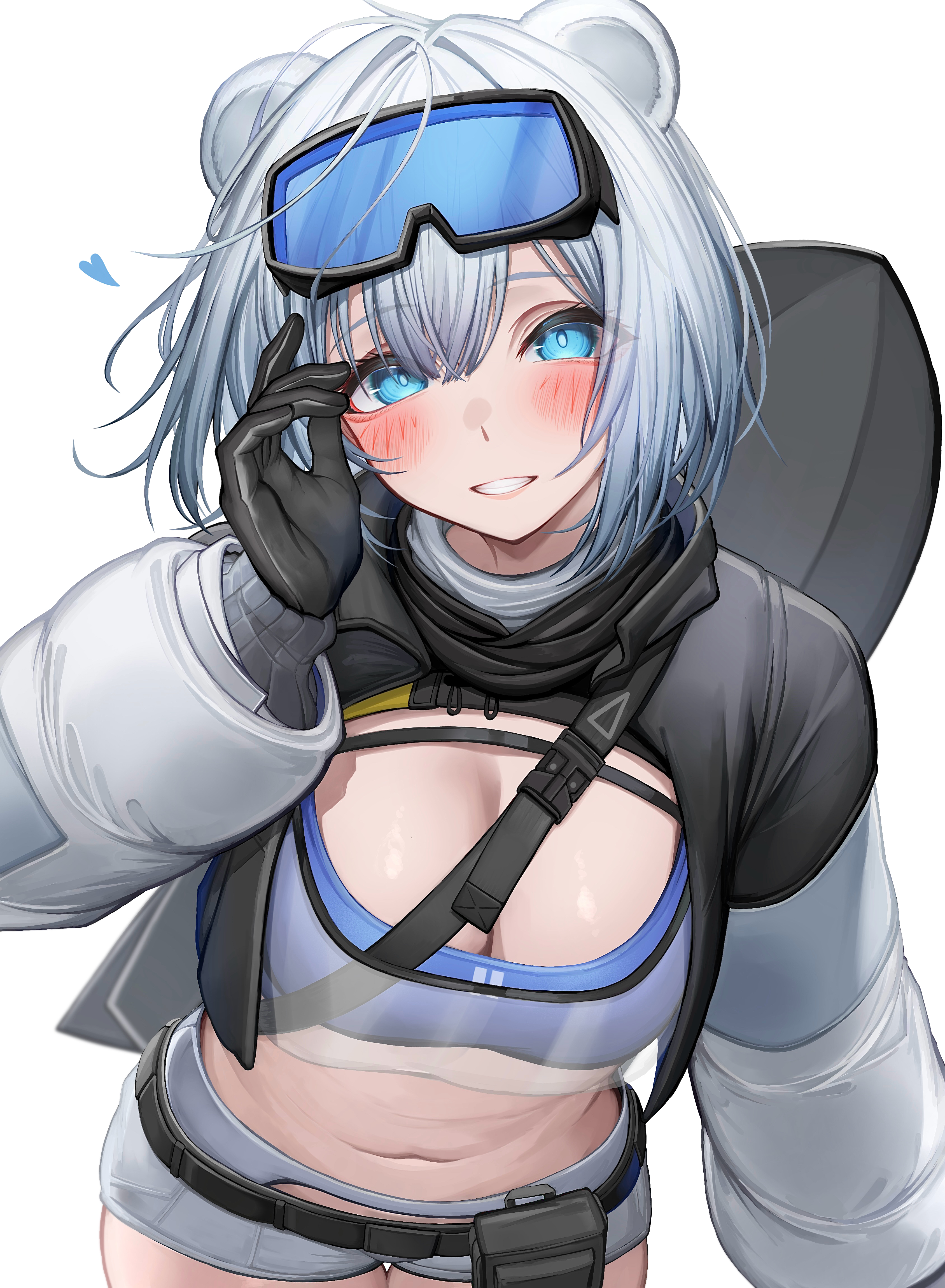 tab head, aurora (arknights), snowshine (arknights), arknights, arknights: endfield, absurdres, commentary, highres, 1girl, animal ears, bear ears, bear girl, black gloves, blue eyes, blue hair, blush, breasts, cleavage, cowboy shot, gloves, goggles, goggles on head, grin, hand up, heart, large breasts, looking at viewer, midriff, navel, parted lips, short hair, short shorts, shorts, simple background, smile, solo, thigh gap, white background, white shorts