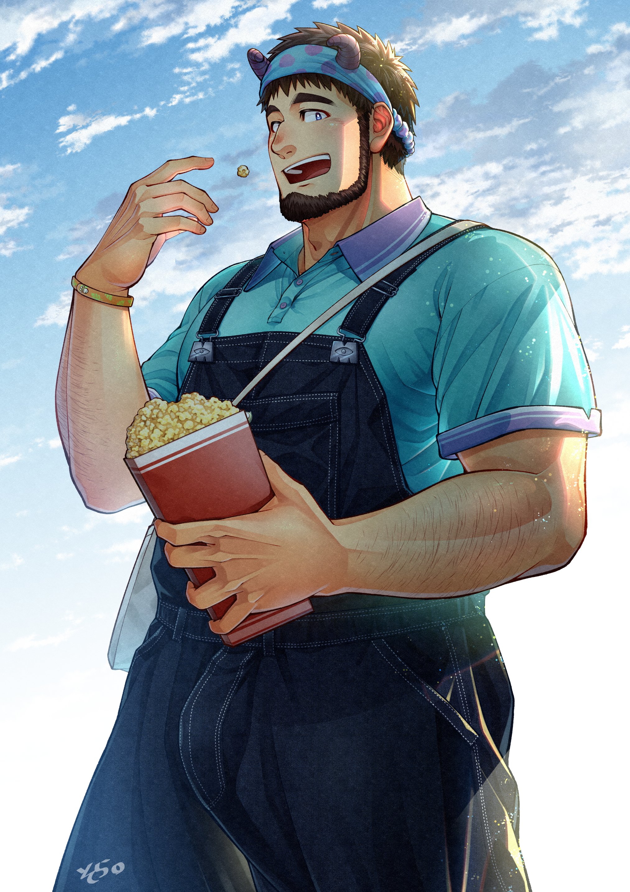 04sora40, james p. sullivan, monsters inc., original, polka dot headband, absurdres, highres, 1boy, arm hair, bara, beard, black hair, blue headband, blue shirt, cloud, collared shirt, cowboy shot, facial hair, food, headband, long sideburns, male focus, mature male, open mouth, outdoors, popcorn, shirt, short hair, sideburns, sky, solo, teeth