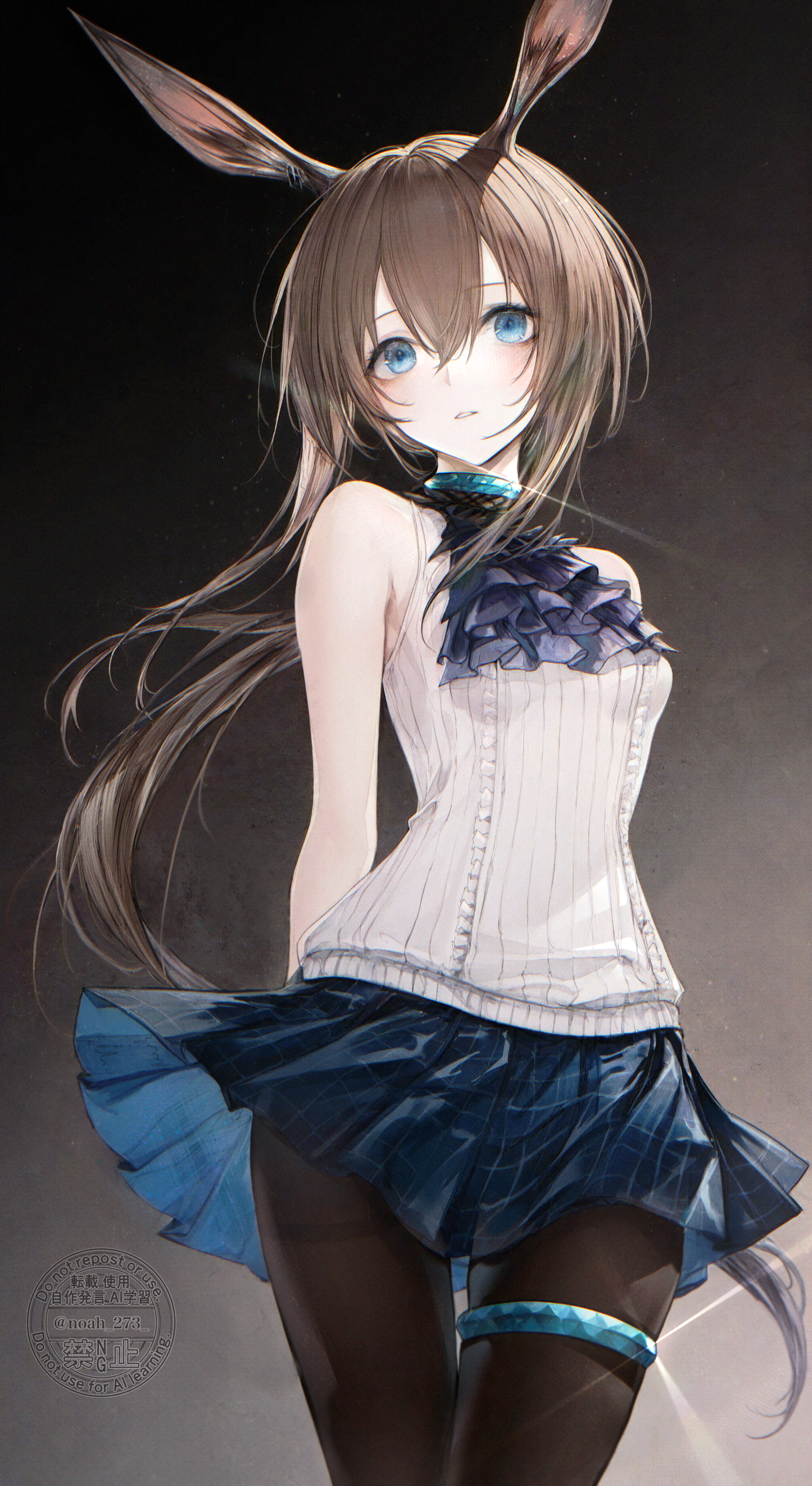 renoahh, amiya (arknights), arknights, absurdres, commentary, english commentary, highres, revision, 1girl, animal ear fluff, animal ears, aran sweater, armpit crease, arms behind back, ascot, bare shoulders, black pantyhose, blue ascot, blue choker, blue skirt, breasts, brown hair, cable knit, checkered clothes, checkered skirt, choker, cowboy shot, glint, hair between eyes, high ponytail, long hair, looking to the side, pantyhose, parted lips, pleated skirt, ponytail, rabbit ears, rabbit girl, sidelocks, skirt, sleeveless, sleeveless sweater, small breasts, solo, sweater, thigh strap, thighs, watermark, white sweater