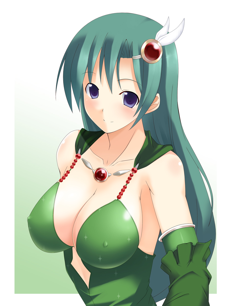 koikeya, rydia (adult) (ff4), rydia (ff4), final fantasy, final fantasy iv, bad id, bad pixiv id, highres, md5 mismatch, 1990s (style), 1girl, aged up, blue eyes, breasts, cleavage, covered erect nipples, detached sleeves, female focus, green hair, hair ornament, large breasts, retro artstyle, smile, solo