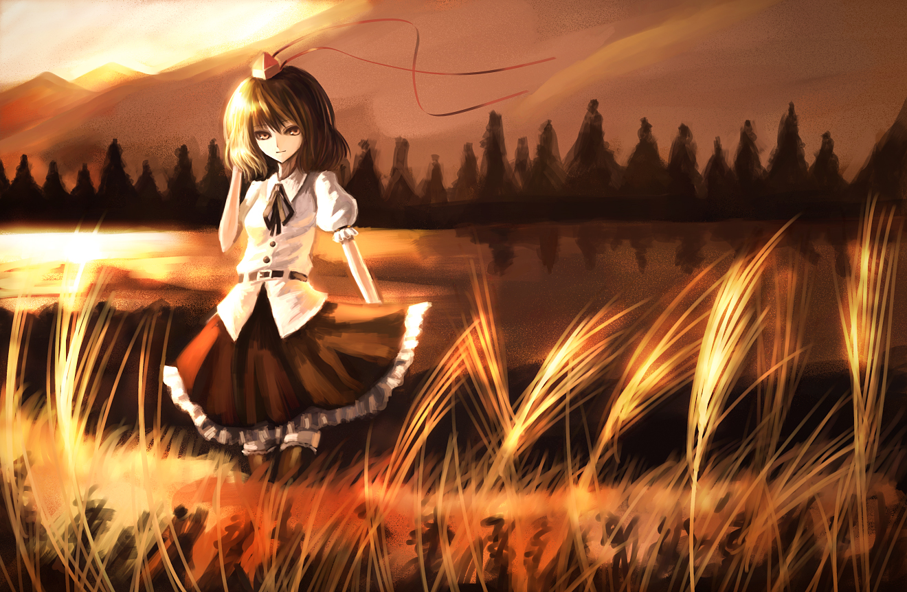parsley-f, shameimaru aya, touhou, bad id, bad pixiv id, 1girl, adjusting hair, brown eyes, brown hair, female focus, field, hand in own hair, hat, lake, landscape, looking at viewer, neck ribbon, ribbon, skirt, smile, solo, standing, sunset, thighhighs, tokin hat, wind, zettai ryouiki