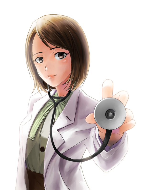 ikuyoan, para-medic (mgs3), metal gear (series), metal gear solid, metal gear solid 3: snake eater, bad id, bad pixiv id, 1girl, brown eyes, brown hair, female focus, lab coat, lips, medical, short hair, smile, solo, stethoscope