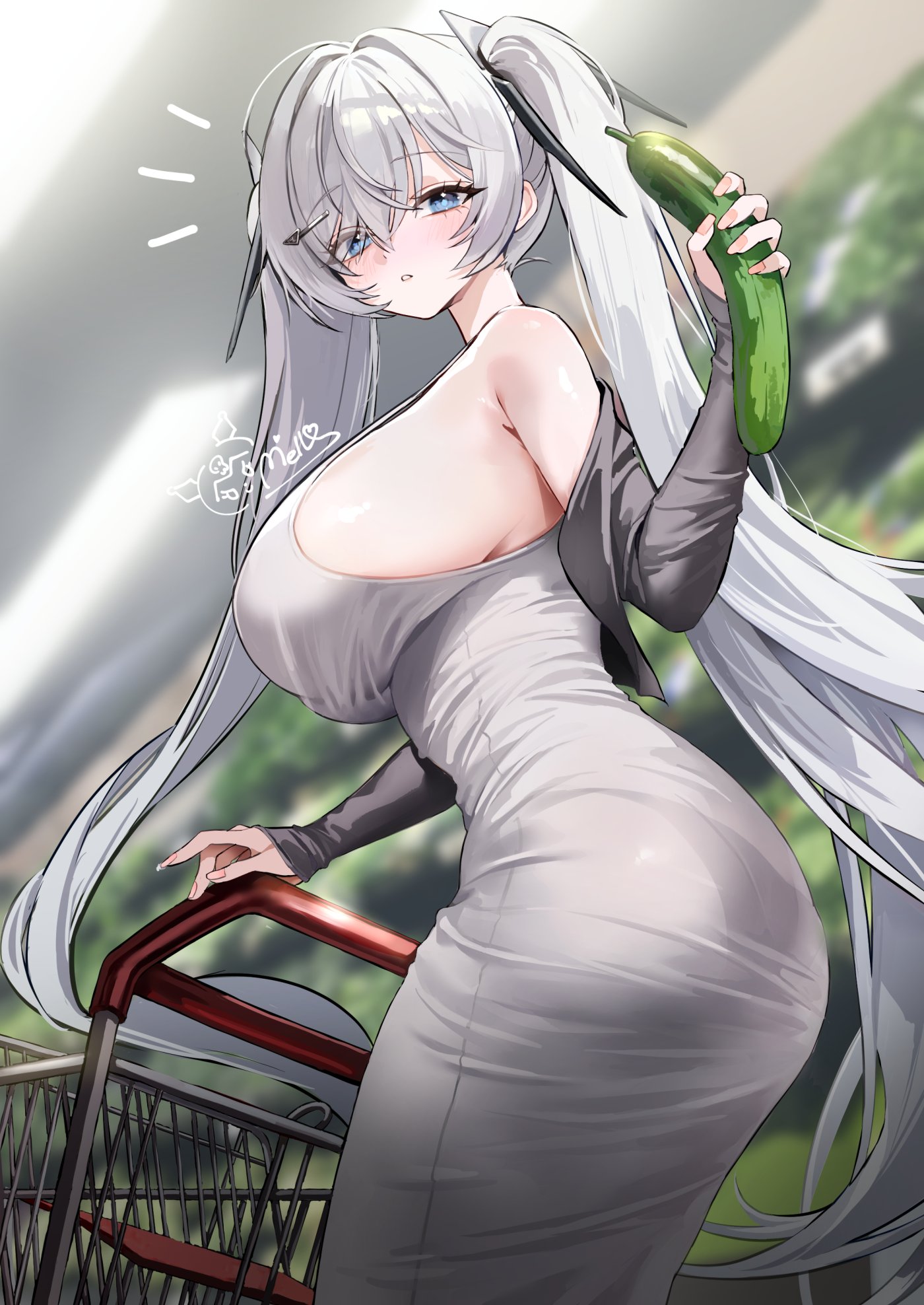 mell (dmwe3537), cinderella (nikke), goddess of victory: nikke, commentary, highres, symbol-only commentary, 1girl, alternate costume, ass, blue eyes, blurry, blurry background, breasts, cucumber, dongtan dress, dress, food, grey dress, holding, holding food, holding vegetable, large breasts, long hair, looking at viewer, shopping cart, sideboob, solo, twintails, vegetable, very long hair, white hair