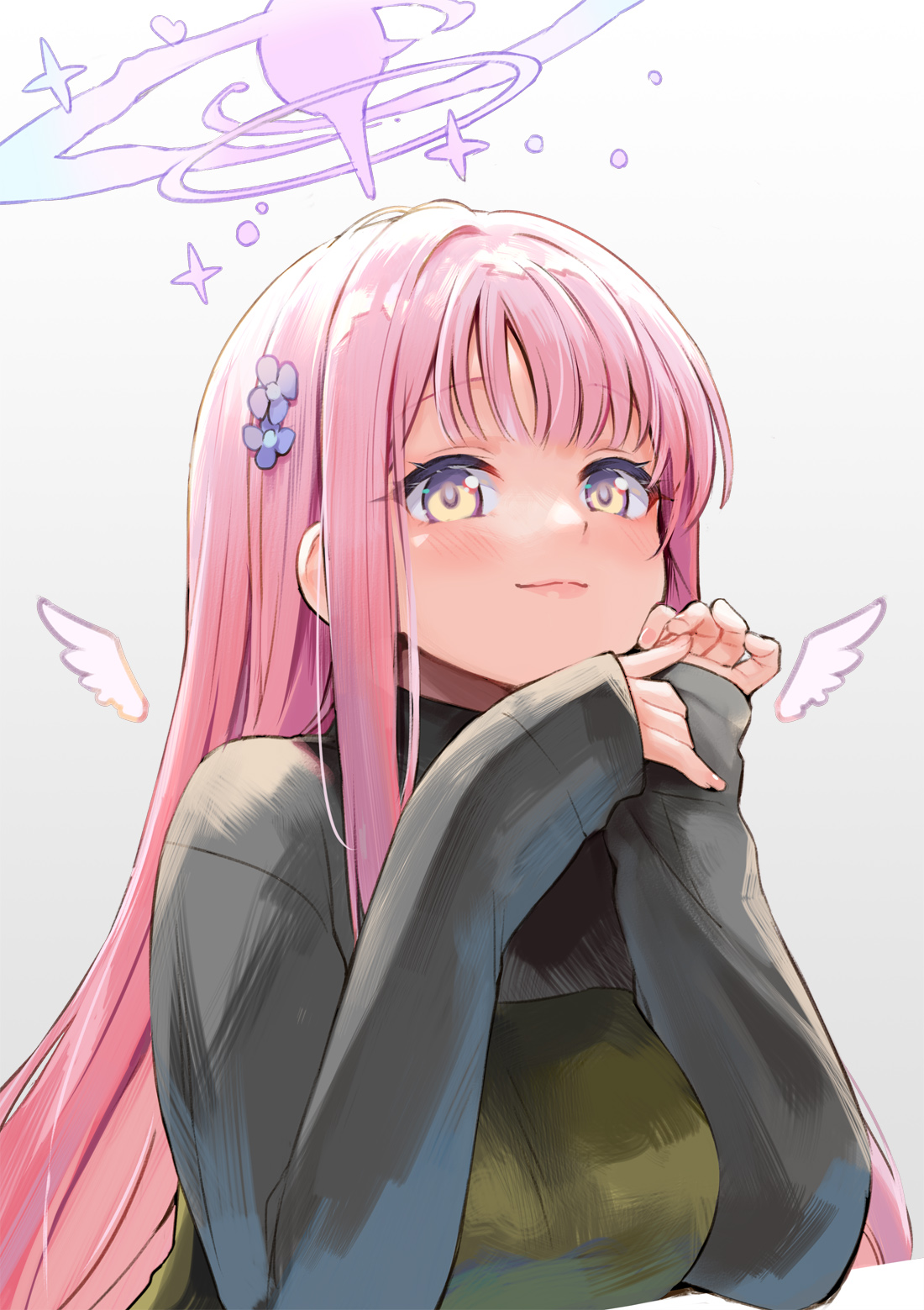 eretto, mika (blue archive), blue archive, highres, black sweater, halo, pink hair, smile, sweater, turtleneck, turtleneck sweater, upper body, wings, yellow eyes