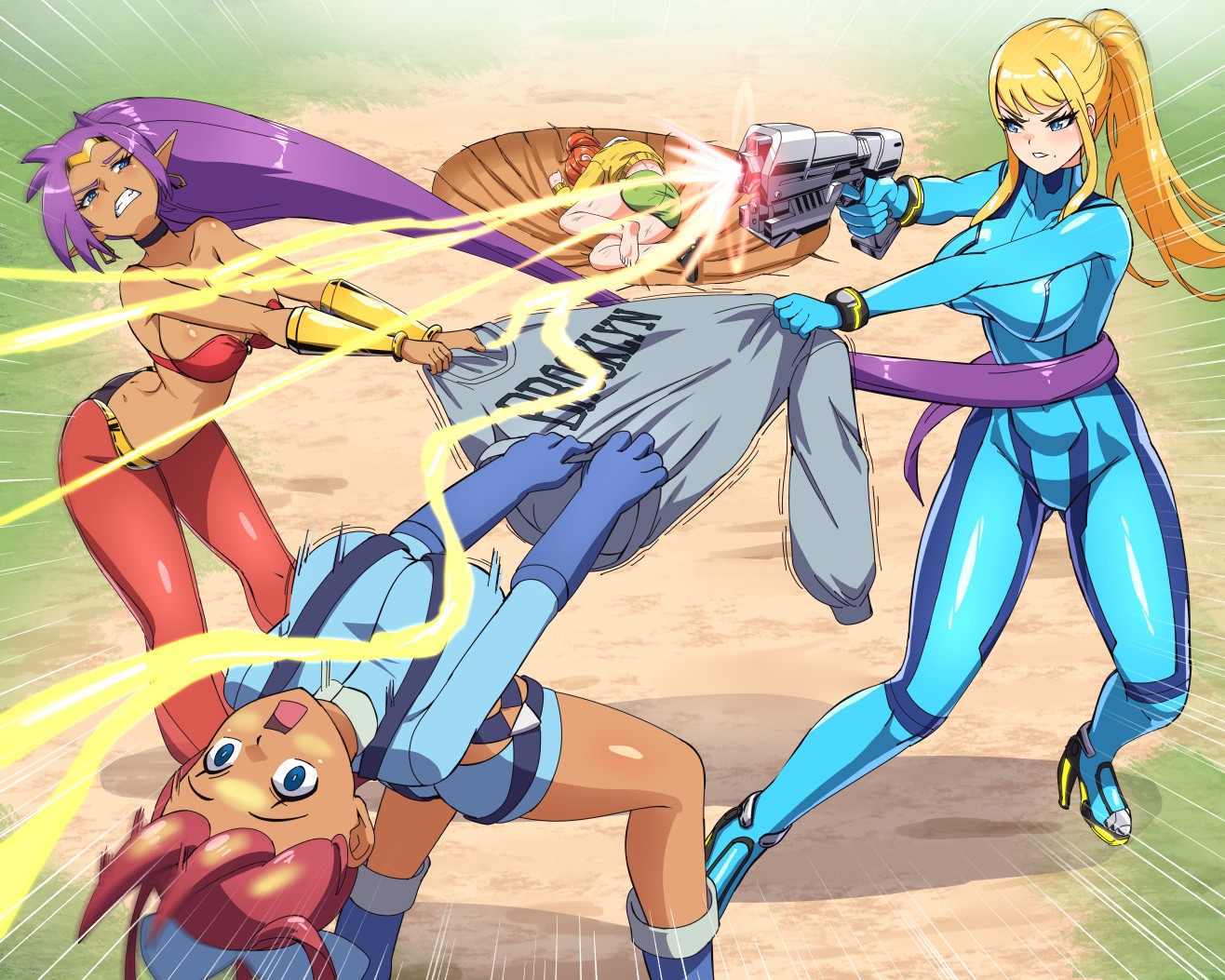 zuchysdraws, samus aran, shantae, skyla (pokemon), metroid, nintendo, original, pokemon, pokemon bw, shantae (series), 4girls, bare shoulders, blonde hair, blue eyes, bodysuit, boots, bra, breasts, crop top, crossover, dark-skinned female, dark skin, gloves, gun, high heels, large breasts, long hair, multiple girls, oc x canon, pants, purple hair, red hair, see-through clothes, shorts, suspenders, sweater, teeth, thigh strap, underwear, very long hair, weapon, yamcha pose (meme)