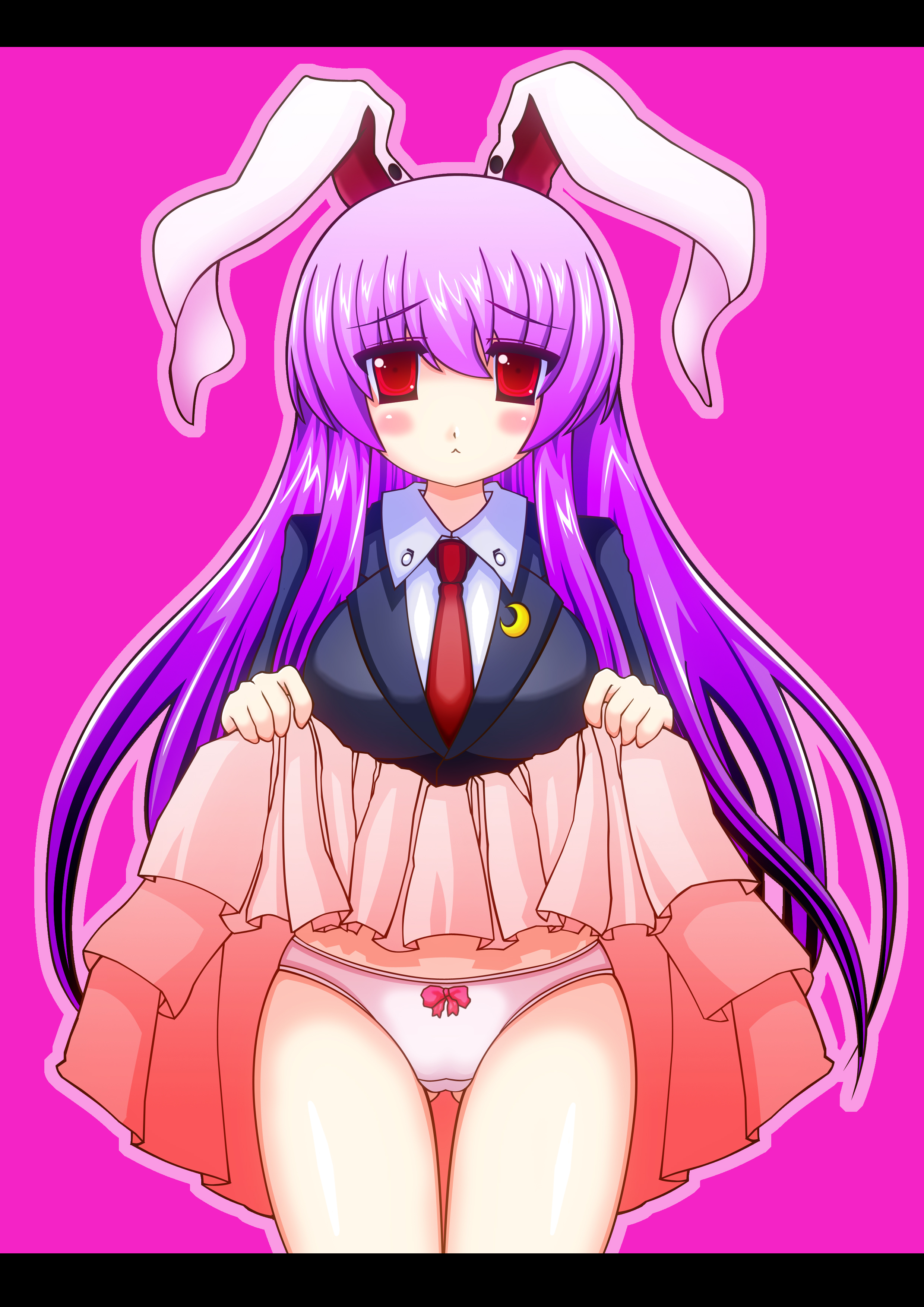 torurun, reisen udongein inaba, touhou, absurdres, bad id, bad pixiv id, highres, 1girl, :<, animal ears, blazer, blush, clothes lift, female focus, jacket, long hair, necktie, panties, purple hair, rabbit ears, red eyes, red necktie, skirt, skirt lift, solo, underwear