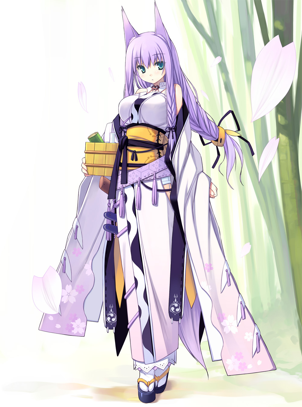 poco (asahi age), inari, momoyama tsutsune, original, light purple hair, highres, 1girl, animal ears, aqua eyes, bare shoulders, belt, blue eyes, braid, breasts, bucket, cherry blossoms, female focus, fox ears, japanese clothes, kimono, kitsune, large breasts, long hair, obi, outdoors, petals, purple hair, sandals, sash, socks, solo, tassel, twin braids, wide sleeves