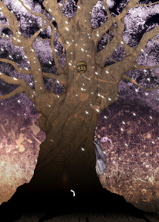 blue man, saigyou ayakashi, saigyouji yuyuko, touhou, bad id, bad pixiv id, 1girl, cherry blossoms, female focus, hiding, mask, night, petals, plant, solo, tree