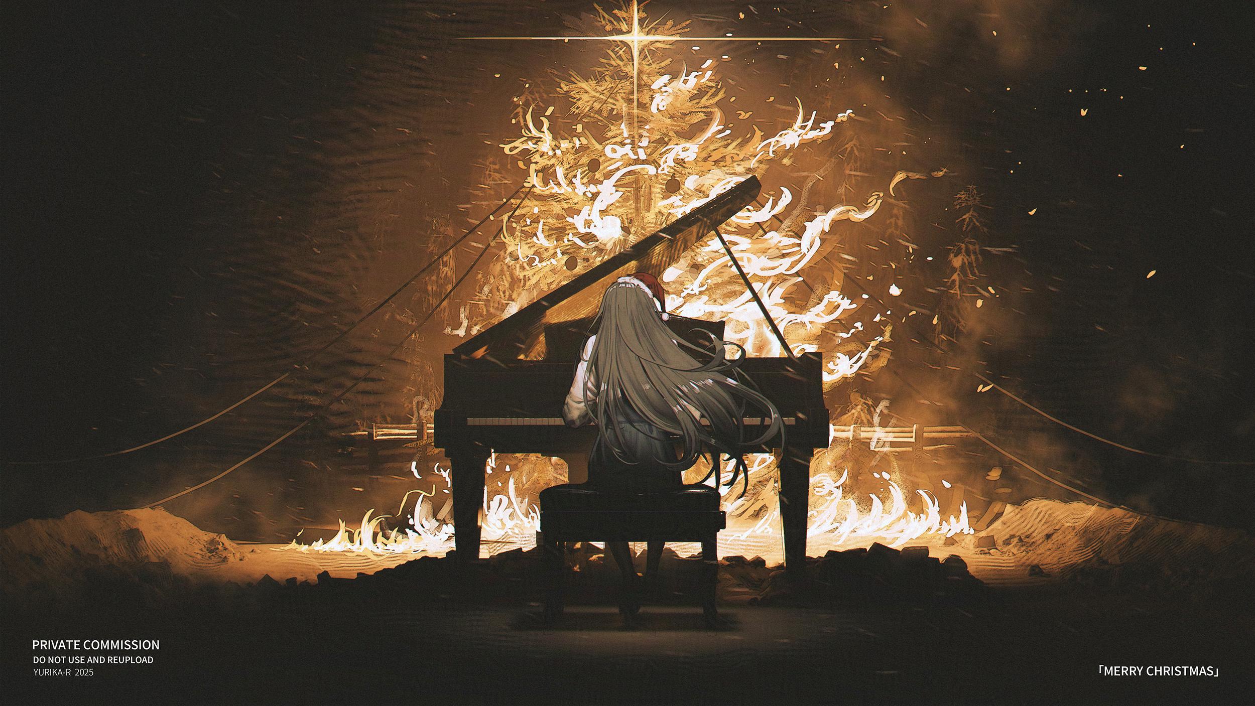 yurika-r, original, commentary, english commentary, highres, 1girl, black hair, christmas tree, embers, fire, grand piano, hat, igarashi sophia, instrument, long hair, music, piano, playing instrument, playing piano, santa hat, sitting, solo