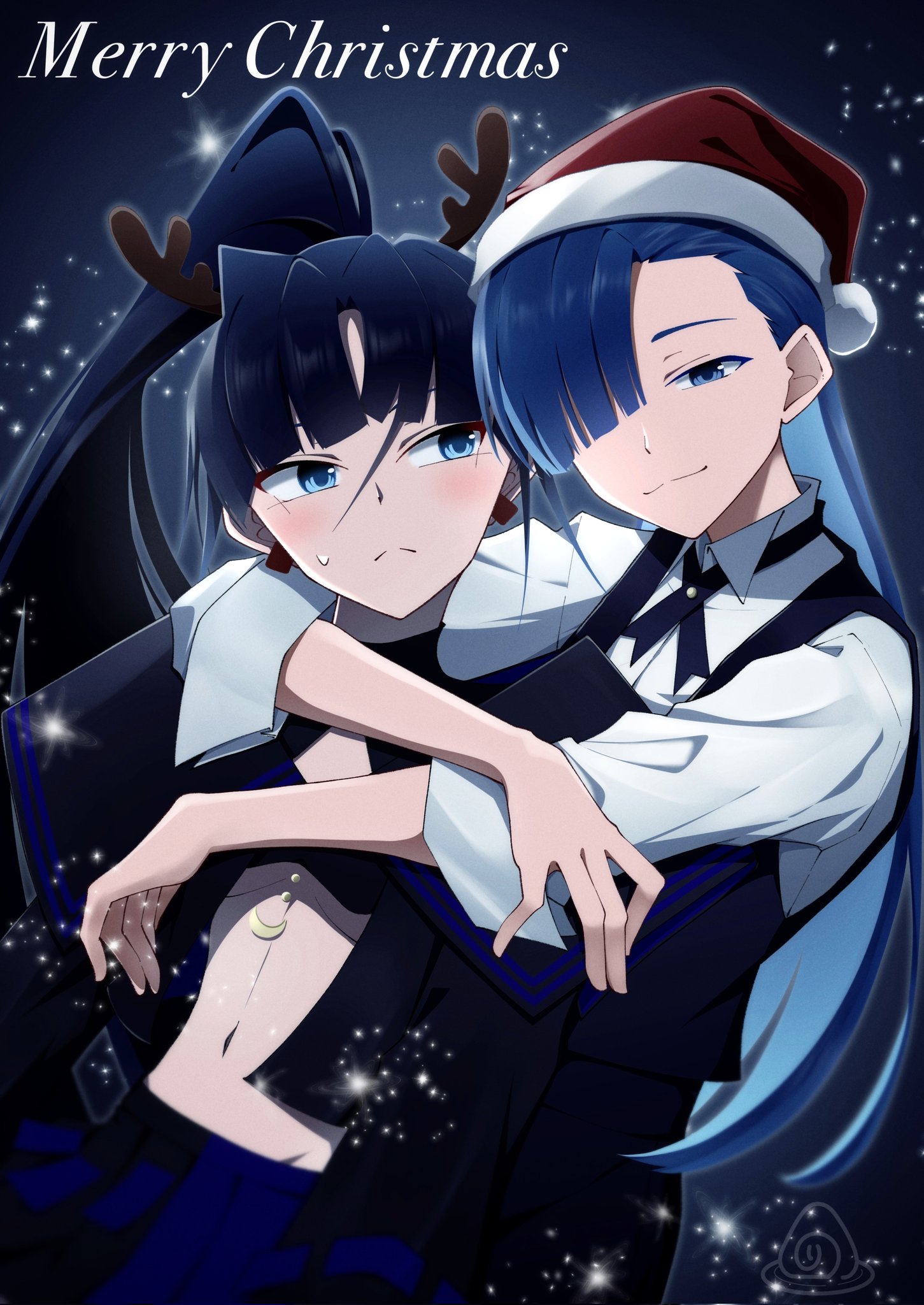 nori (norinori yrl), merry (ado), naima (ado), ado (utaite), readymade (ado), usseewa, commentary, highres, 2girls, black shirt, black vest, blue eyes, blue hair, breasts, closed mouth, fake antlers, hair over one eye, hat, hug, long hair, merry christmas, multiple girls, open clothes, open shirt, ponytail, santa hat, shirt, stomach, sweatdrop, underboob, vest, white shirt, yuri