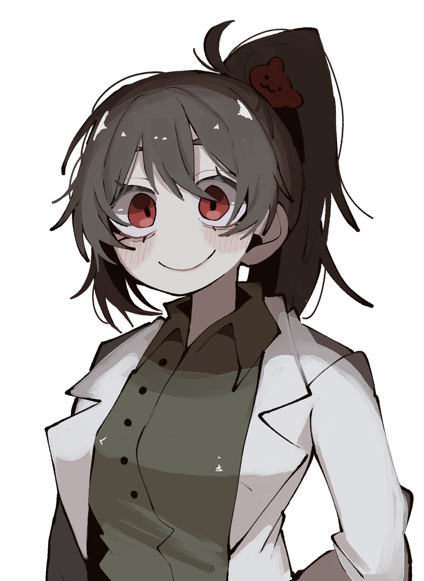 1444tmt, carmen (project moon), lobotomy corporation, project moon, highres, 1girl, bear hair ornament, brown hair, coat, crazy eyes, hair ornament, lab coat, messy hair, ponytail, red eyes, upper body, white coat