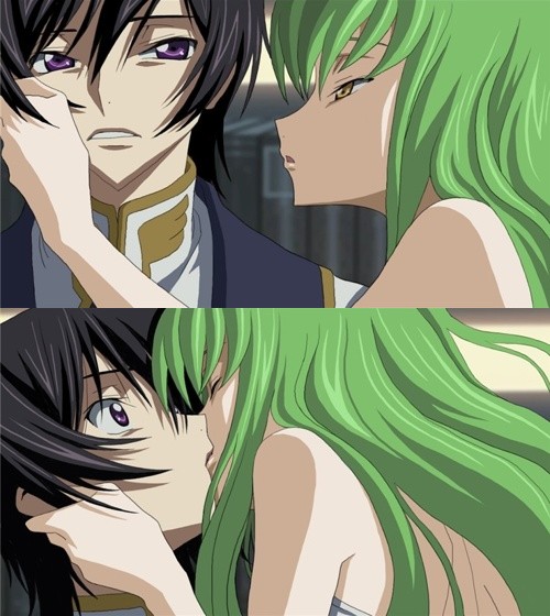 dltngus, c.c., lelouch vi britannia, code geass, anime screenshot, bad id, bad pixiv id, 00s, 1boy, 1girl, bare shoulders, black hair, couple, fake screenshot, hetero, kiss, purple eyes