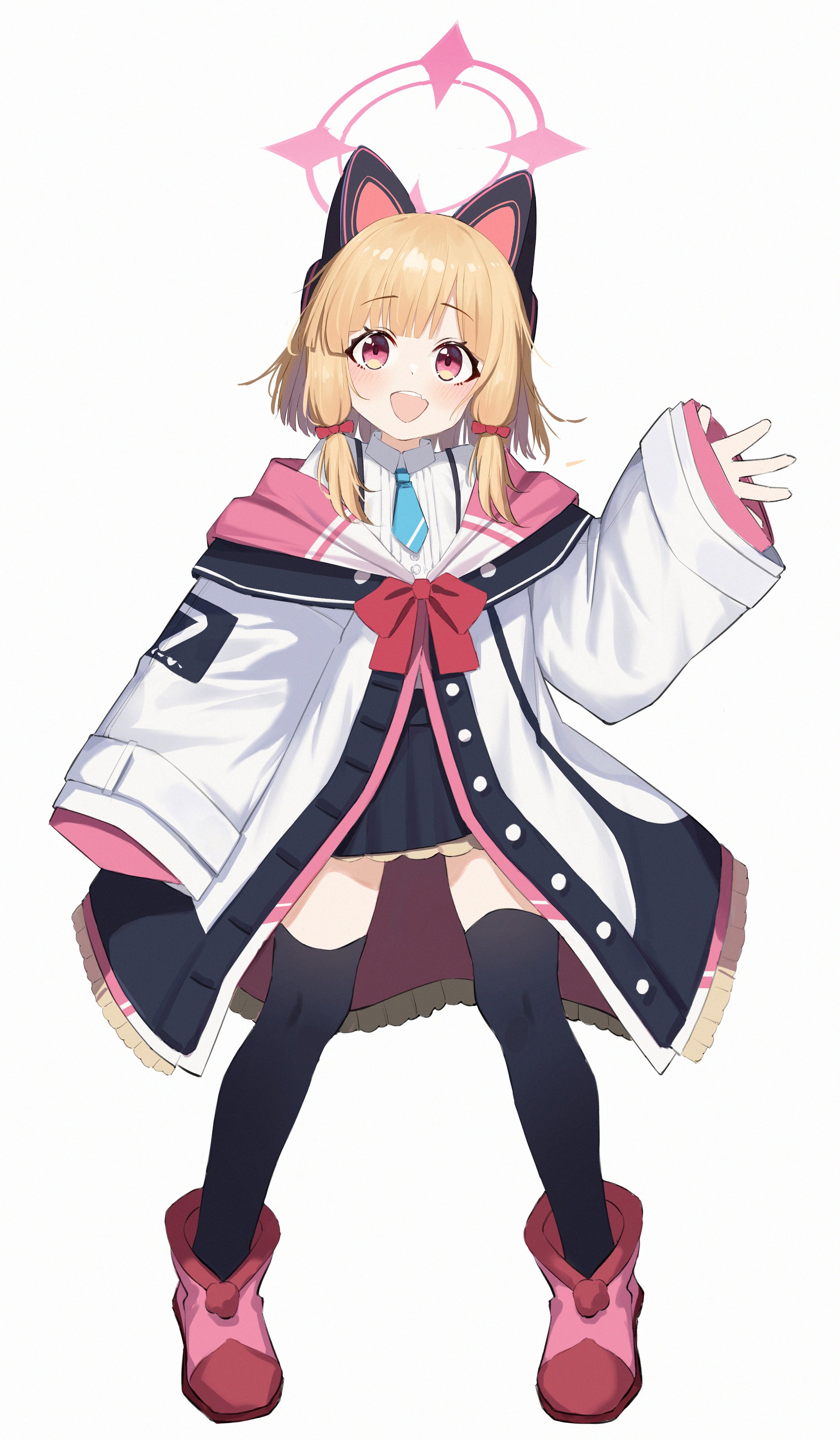 hei mu nan tong, momoi (blue archive), blue archive, absurdres, commentary, hashtag-only commentary, highres, 1girl, :d, animal ear headphones, animal ears, black jacket, black skirt, black thighhighs, blonde hair, blue necktie, blush, boots, bow, buttons, cat ear headphones, cat ears, collared shirt, fake animal ears, fang, frilled jacket, frilled skirt, frills, full body, hair bow, halo, hand up, headphones, hood, hooded jacket, jacket, long sleeves, low-tied sidelocks, multicolored jacket, necktie, off shoulder, open mouth, parted bangs, pink boots, pink eyes, pink halo, pink jacket, red bow, shirt, short hair, sidelocks, simple background, skin fang, skirt, sleeves past wrists, smile, solo, standing, suspender skirt, suspenders, teeth, thighhighs, unbuttoned, upper teeth only, white background, white jacket, white shirt