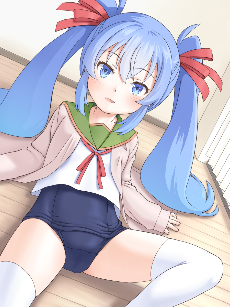 meow (nekodenki), digitan, original, commentary request, commission, highres, pixiv commission, 1girl, blue eyes, blue hair, blue one-piece swimsuit, brown jacket, curtains, green sailor collar, hair ribbon, indoors, jacket, long hair, long sleeves, looking at viewer, one-piece swimsuit, open mouth, red ribbon, ribbon, sailor collar, school swimsuit, school uniform, serafuku, sitting, solo, swimsuit, thighhighs, twintails, white thighhighs