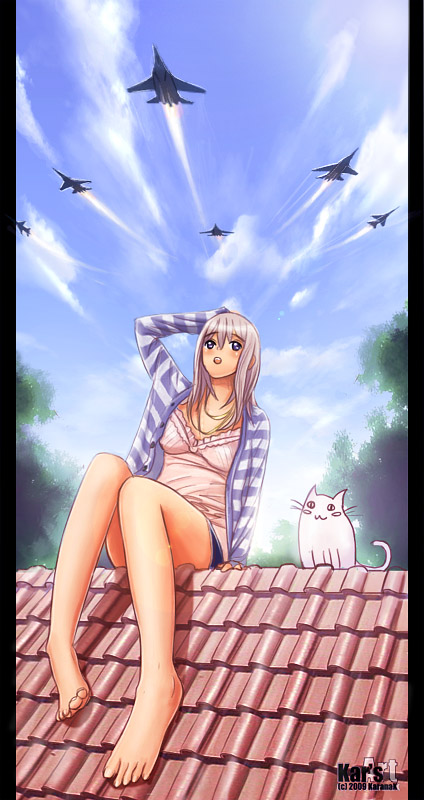 karanak, original, 1girl, aircraft, airplane, bad anatomy, bad feet, barefoot, blue eyes, blue sky, cat, cloud, day, feet, female focus, fighter jet, hand on own head, legs, looking up, military, military vehicle, pillarboxed, poorly drawn, rooftop, sitting, sky, solo, toes