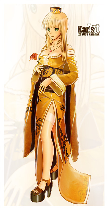 karanak, original, platform footwear, 1girl, blonde hair, breasts, cleavage, crown, dress, female focus, flower, gown, green eyes, high heels, large breasts, legs, princess, rose, sandals, shoes, side slit, solo, thighhighs, yellow theme, zoom layer