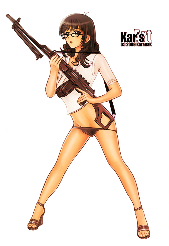 karanak, original, 1girl, bipod, brown hair, drum magazine, female focus, glasses, gun, gun sling, legs, long hair, long legs, lowleg, machine gun, magazine (weapon), panties, sandals, shoes, solo, trigger discipline, underwear, weapon, wedge heels