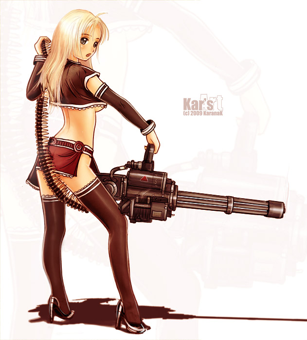 karanak, original, 1girl, 7.62x51mm nato, ammunition, ammunition belt, ammunition chute, back, blonde hair, bracelet, breasts, bullet, chainsaw grip, detached sleeves, female focus, fully powered cartridge, gatling gun, green eyes, gun, high heels, jewelry, legs, lmg cartridge, m134 minigun, m13 link, machine gun, medium machine gun, midriff, military cartridge, minigun, miniskirt, multiple-barrel gun, patrons, revealing clothes, rifle cartridge, rotary machine gun, shoes, skirt, solo, thighhighs, underboob, weapon, zoom layer