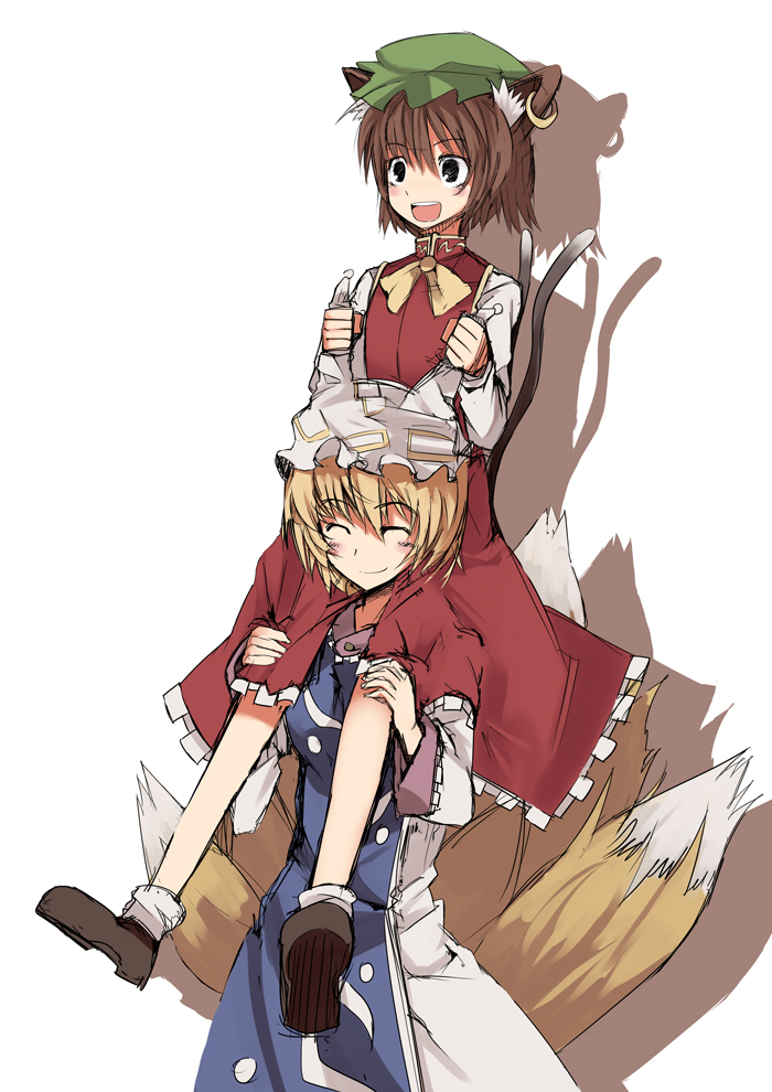 mieharu, chen, yakumo ran, touhou, 2girls, animal ears, blonde hair, brown eyes, brown hair, carrying, cat ears, cat girl, cat tail, closed eyes, earrings, female focus, fox ears, fox tail, hat, jewelry, long hair, multiple girls, multiple tails, open mouth, piggyback, ribbon, short hair, shoulder carry, smile, tail