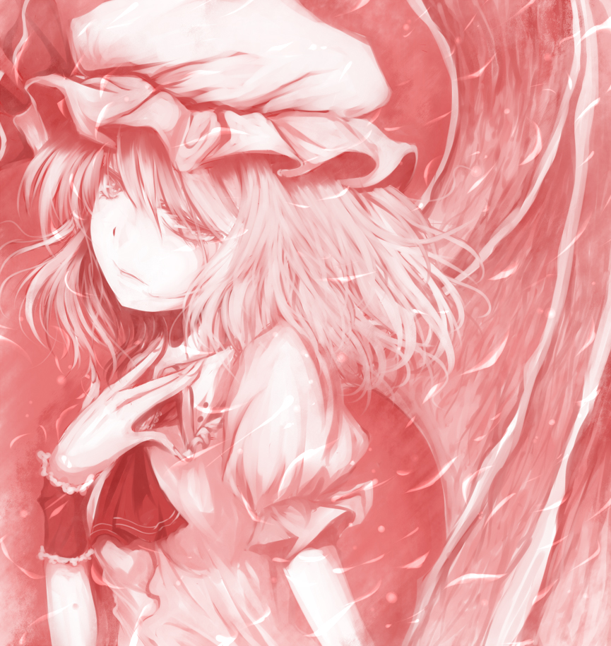 shimo (depthbomb), remilia scarlet, touhou, 1girl, bat wings, female focus, hand on own chest, hat, monochrome, red eyes, red theme, ribbon, short hair, solo, wings