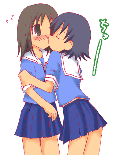 kasuga ayumu, takino tomo, azumanga daiou, 2girls, blue skirt, blush, closed eyes, female focus, kiss, multiple girls, pleated skirt, school uniform, serafuku, simple background, skirt, white background, yuri