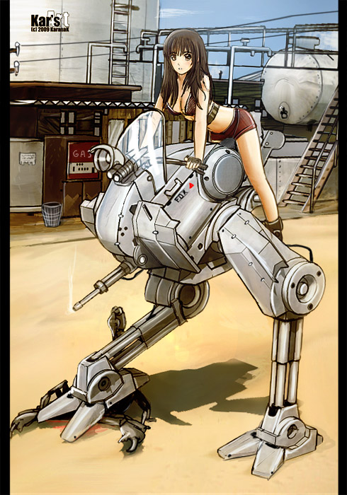 karanak, original, 1girl, arched back, bent over, bikini, bikini top only, black hair, breasts, brown eyes, brown hair, cleavage, encirclement, female focus, fingerless gloves, gloves, gun, legs, long hair, machine gun, mecha, non-humanoid robot, robot, scorpion, shoes, shorts, smoke, smoking barrel, solo, swimsuit, walker (robot), weapon