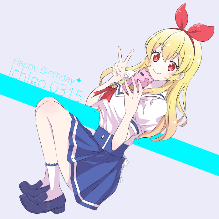 hoshimiya ichigo, aikatsu!, aikatsu! (series), commentary request, 1girl, alternate breast size (larger), black shoes, blonde hair, blue skirt, blush, bow, breasts, bright pupils, character name, dated, dot nose, dutch angle, from side, full body, grey background, hairband, hand up, happy birthday, hinayanoko, holding, holding phone, large breasts, legs together, loafers, long hair, miniskirt, phone, red bow, red eyes, red hairband, red ribbon, ribbon, sailor collar, school uniform, shirt tucked in, shoes, short sleeves, skirt, smile, socks, solo, squatting, starlight academy school uniform, straight hair, tiptoes, v, white sailor collar, white shoes, white socks