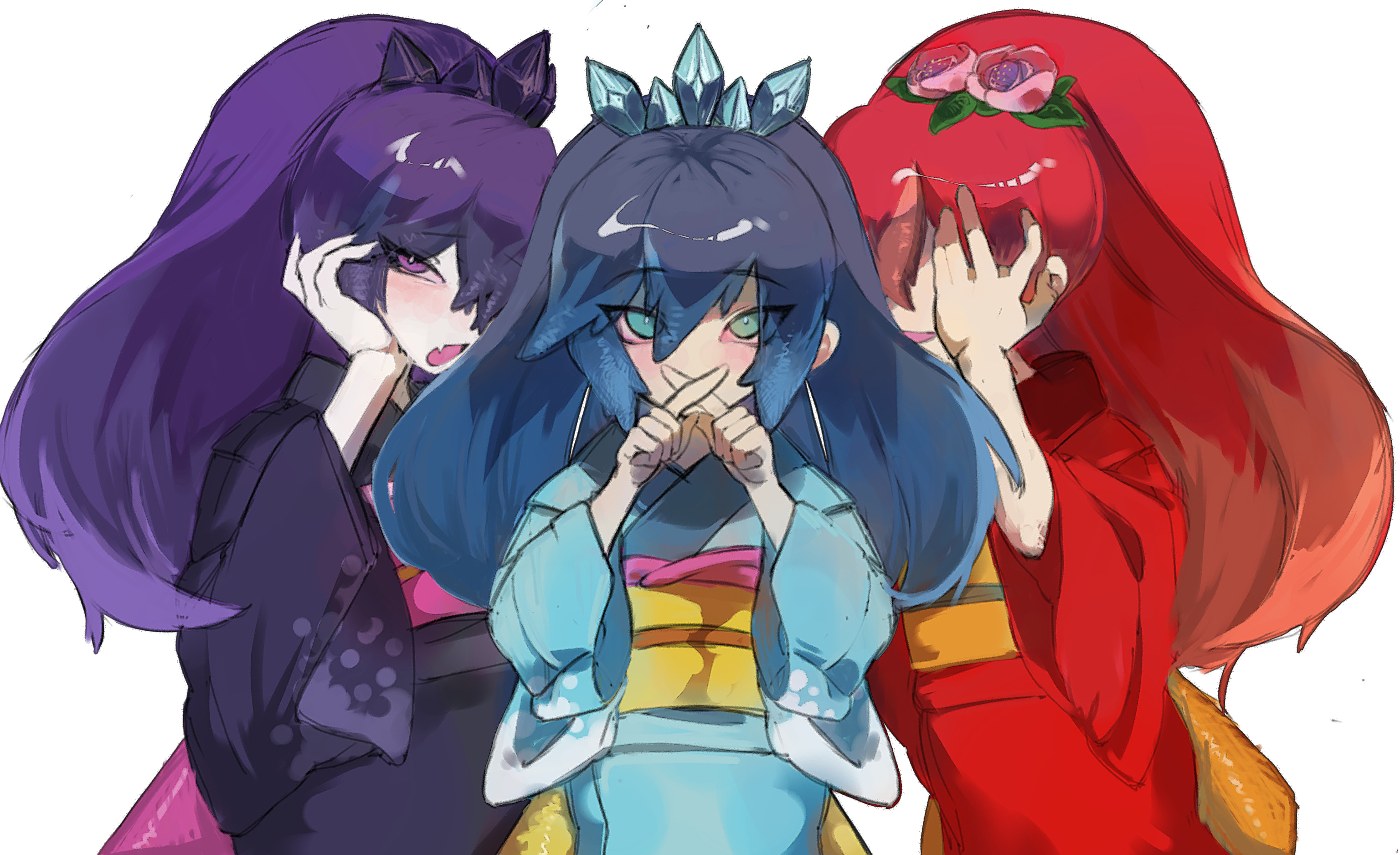 fubukihime, hyakkihime, tsubakihime (youkai watch), youkai watch, artist request, bad id, bad pixiv id, highres, 3girls, blue eyes, blue hair, blue kimono, fang, flower, hair flower, hair ornament, high ponytail, japanese clothes, kimono, long hair, multicolored hair, multiple girls, open mouth, ponytail, purple eyes, purple hair, purple kimono, red hair, red kimono, solo, two-tone hair, youkai (youkai watch), yuki onna