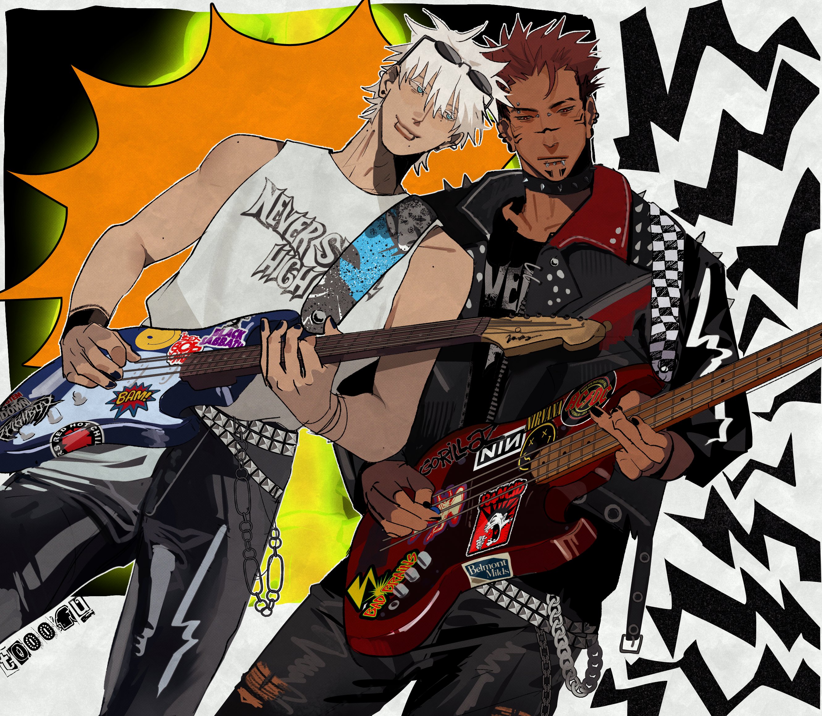 to 0fu, gojou satoru, ryoumen sukuna (jujutsu kaisen), ac/dc, black sabbath, gorillaz, jujutsu kaisen, nine inch nails, nirvana (band), red hot chili peppers, system of a down, commentary, english commentary, highres, 2boys, alternate costume, alternate skin color, artist name, background request, bad brains (band), band shirt, belt, black choker, black jacket, black nails, black pants, black shirt, blue eyes, bracelet, bridge piercing, choker, closed mouth, collarbone tattoo, colored eyelashes, cowboy shot, crew cut, denim, dutch angle, ear piercing, electric guitar, eyebrow piercing, eyewear on head, face piercing, facial tattoo, guitar, holding, holding guitar, holding instrument, instrument, jacket, jeans, jewelry, labret piercing, leather, leather jacket, leather pants, light smile, lip piercing, looking at another, looking at object, male focus, merchandise, mole, mole on neck, mole under eye, mole under mouth, mullet, multicolored jacket, multiple boys, multiple moles, music, outline, pants, piercing, pink hair, playing guitar, playing instrument, plug (piercing), punk, rancid (band), red eyes, red jacket, round eyewear, shirt, sleeveless, sleeveless shirt, smiley face, snakebite (piercing), spiked choker, spiked jacket, spikes, sticker, studded belt, sunglasses, tan, tattoo, too many stickers, torn clothes, torn pants, two-tone jacket, wallet chain, white eyelashes, white hair, white outline, white shirt, zipper