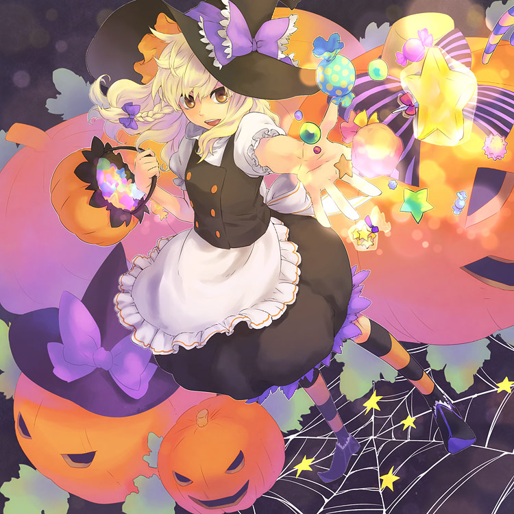 kinuko, kinuko (artist), tomobe kinuko, kirisame marisa, touhou, 1girl, blonde hair, braid, female focus, halloween, hat, jack-o'-lantern, orange pantyhose, pantyhose, pumpkin, short hair, solo, striped clothes, striped pantyhose, witch, witch hat, yellow eyes