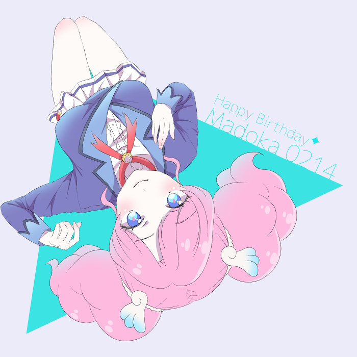 amahane madoka, aikatsu!, aikatsu! (series), commentary request, 1girl, alternate breast size (larger), blue eyes, blue shirt, breasts, character name, dated, grey background, hands up, happy birthday, hinayanoko, knees up, large breasts, legs together, long sleeves, looking at viewer, lying, miniskirt, on back, pink hair, pink pupils, red ribbon, ribbon, school uniform, shirt, skirt, smile, solo, starlight academy school uniform, twintails, white shirt, white skirt